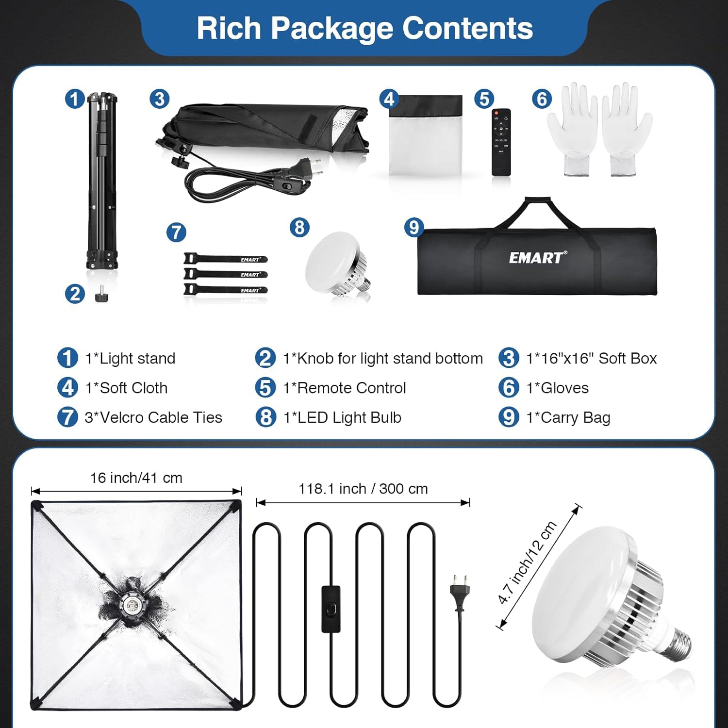 EMART Softbox Set, Kit Softbox per Studio Fotografico de 40x40 cm con y Bombilla Led de 85 w (3000K-6000K) con Mando a Distancia para Estudio Fotográfico, Retratos y Grabación de Vídeo (1 Pack)