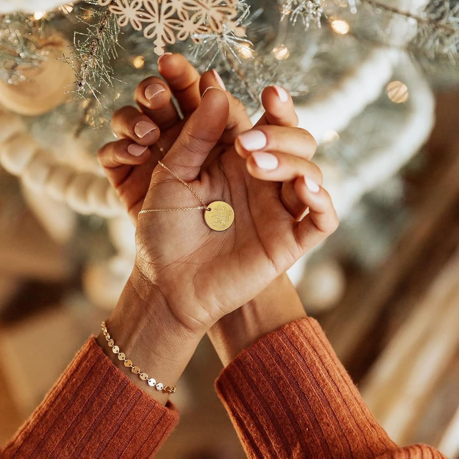 Halukakah Birth Blossom Necklace: 18k Real Gold Plated Floral Pendant with Birth Month Flower Disc - Handcrafted Dainty Necklace, Personalized Jewelry Present for Birthdays - Image 3