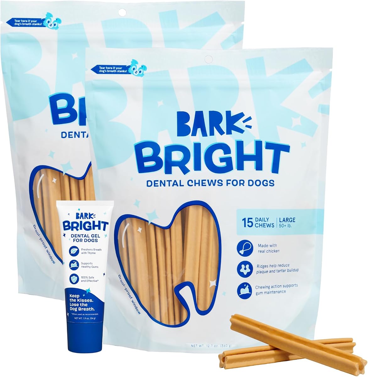 BARKBOX Bright Dental Care Kit - for Dogs - for Large Breeds (50+ lbs) | 30 Dental Chews and Chicken & Thyme Flavored Gel Dog Toothpaste