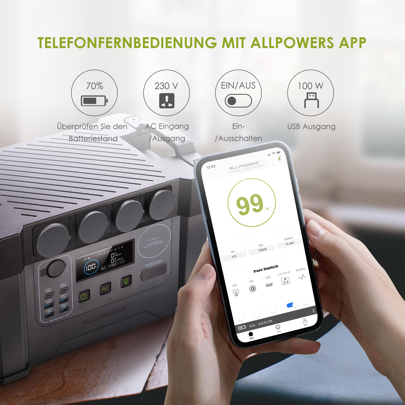 ALLPOWERS Tragbarer Powerstation 2400W (4000W Surge) Wechselstromsteckdosen 1451Wh Akku MPPT Solar Generator Mobiler Stromspeicher für Wohnmobil Camping Heimwerken Notstromaggregat RV Haus Notfall