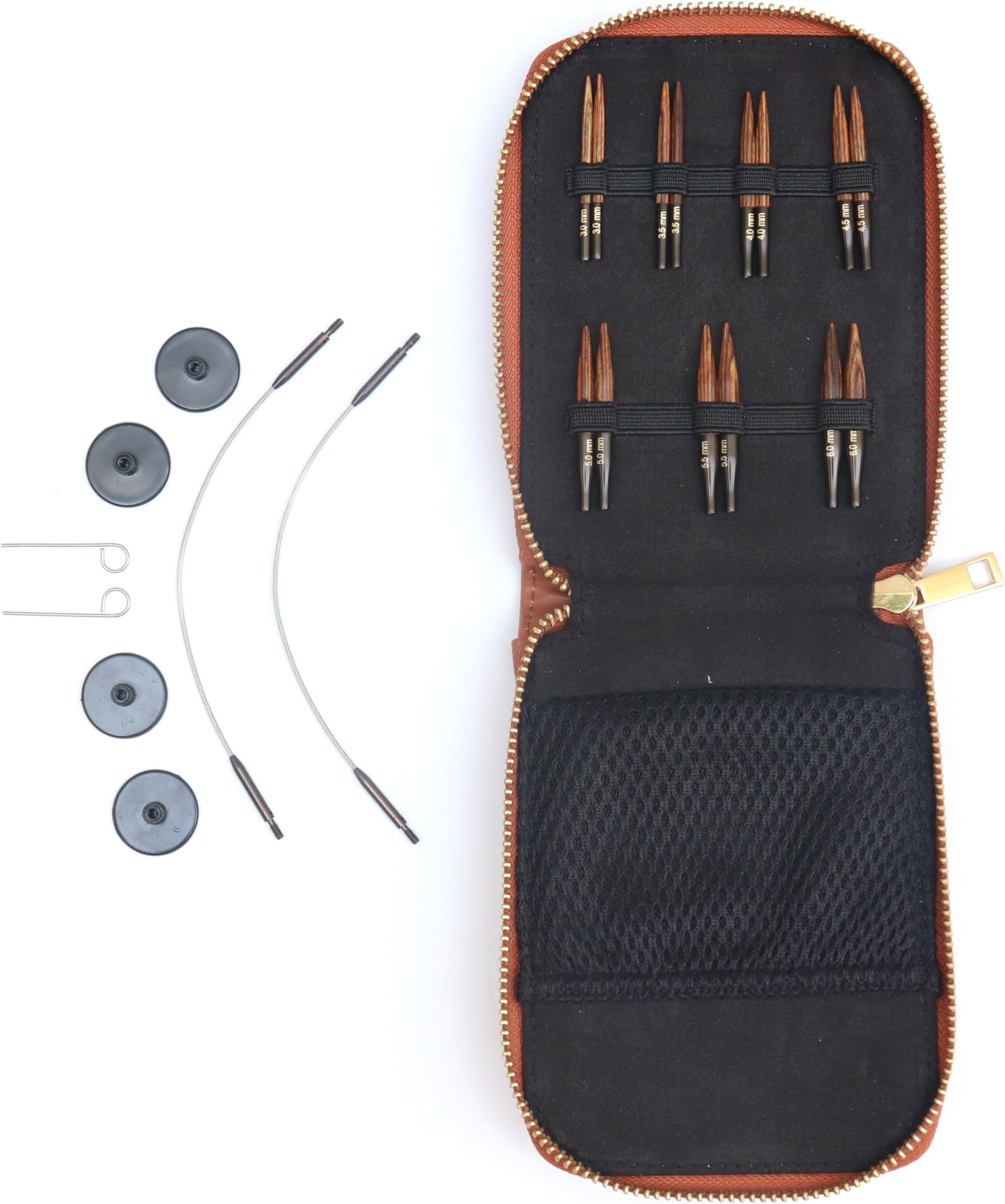 KnitPro Ginger Knitting Needle Set - Mini Interchangeable Pins, 2 25cm Cables, End Caps, Cable Keys, Faux Leather Case, 3,3.5,4,4.5,5,5.5,6mm