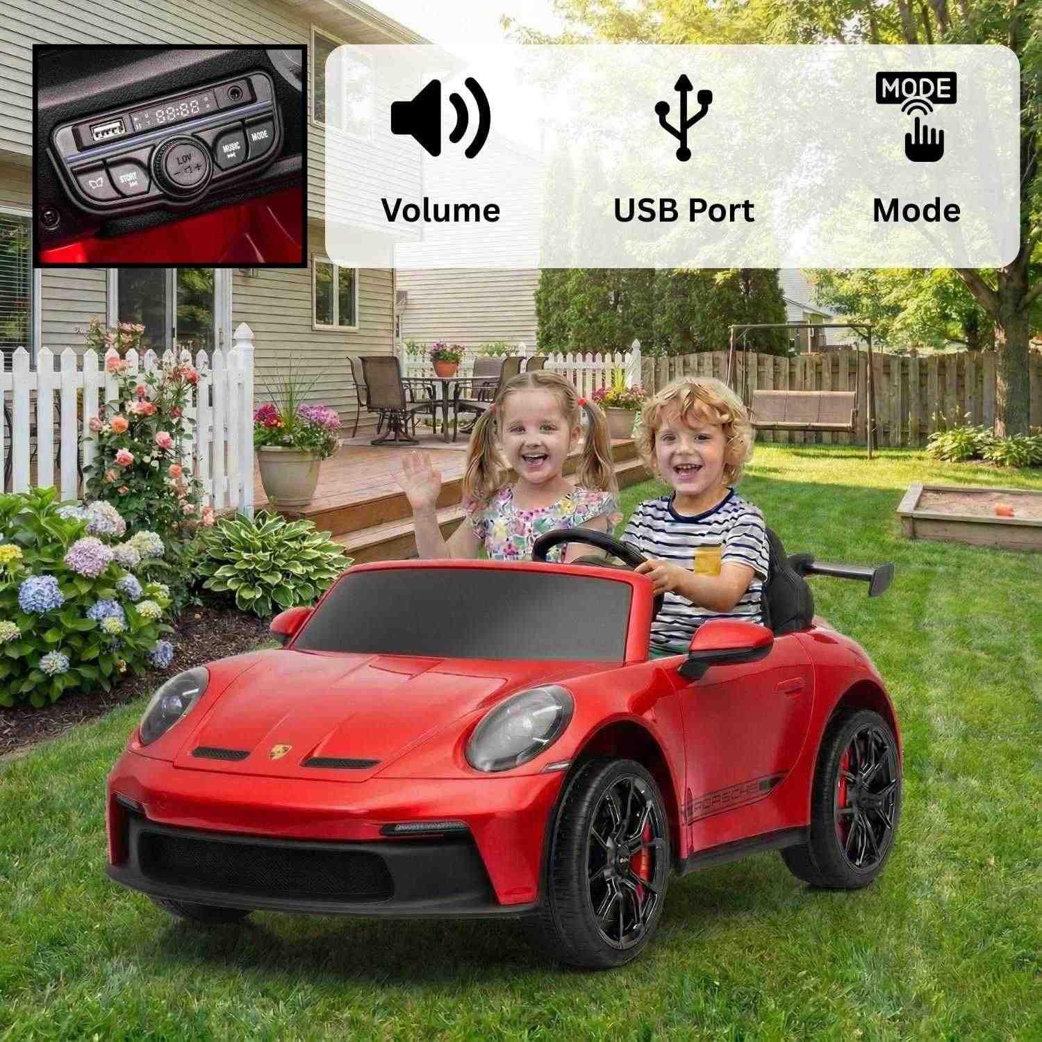 Porsche 911 GT3 voiture électrique enfants 24V 2 places 4x4, Rouge, 4 x 200W moteurs, batterie lithium, télécommande parentale 2,4 GHz, suspension, USB/AUX, phares LED, licence officielle