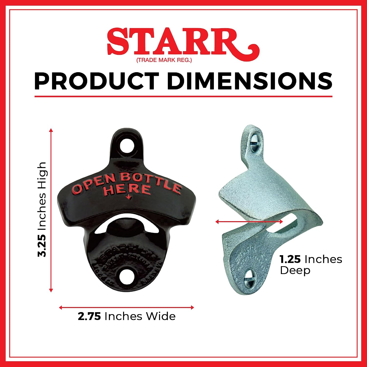 STARR Original Black Open Here Wall Mounted Bottle Opener, American-Owned Powder Coated Cast Iron Bottle Opener with Screws, Vintage-Style Wall Mount for Bar, Garage, Patio, Kitchen, Easy to Install