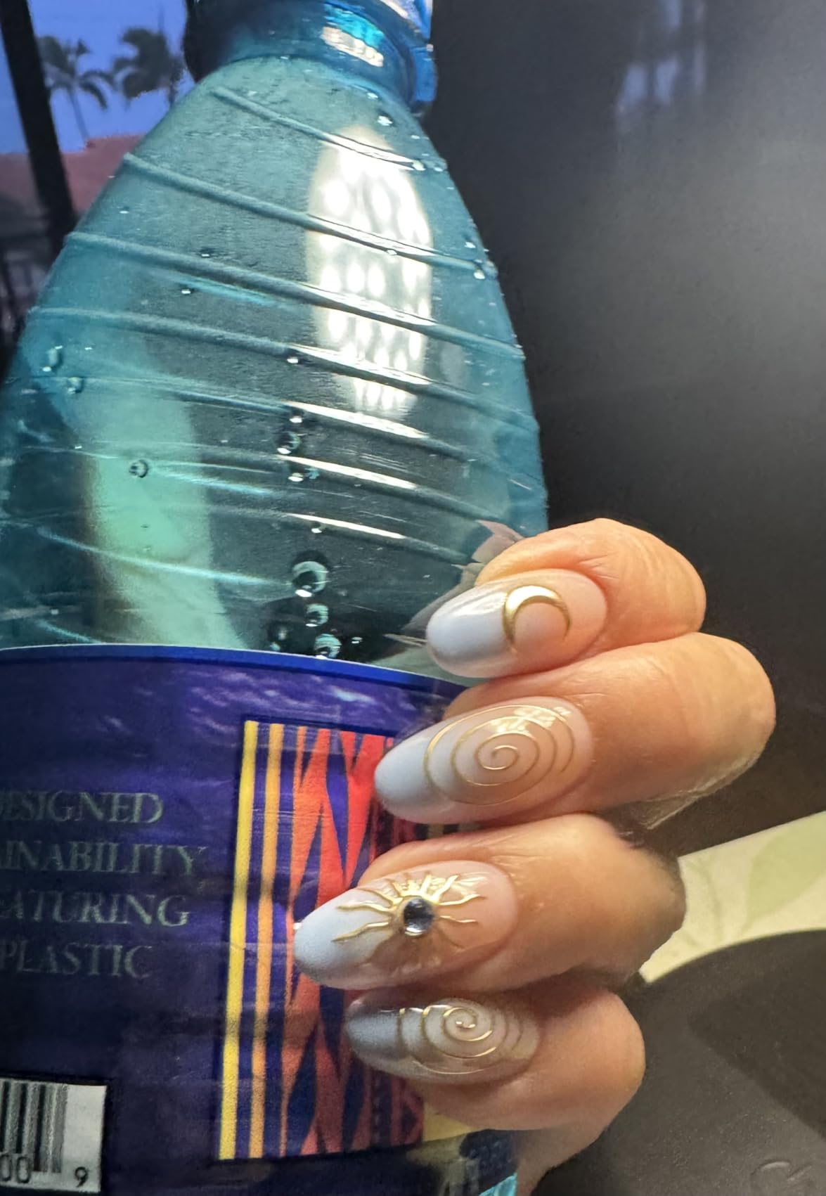 Glamnetic Press On Nails - Medium Oval Fake Nails with Blue French Tips & Orange Accents | Salon Quality Summer Nails | Capri Coast | 15 Sizes - 30 Nail Kit with Glue