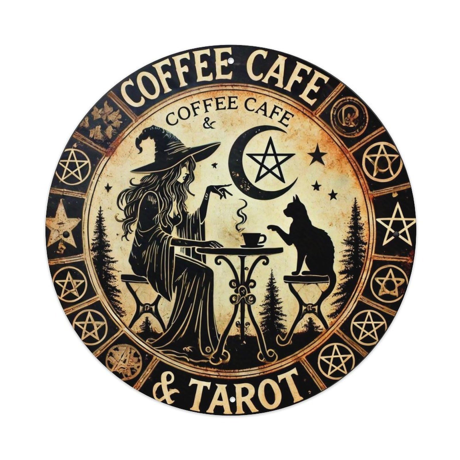 Witch Cat Moon Stars Pentagram Round Metal Tin Sign Vintage Wall Decor, Bar Garage Cafe Kitchen Home Wall Art Poster 8x8inches
