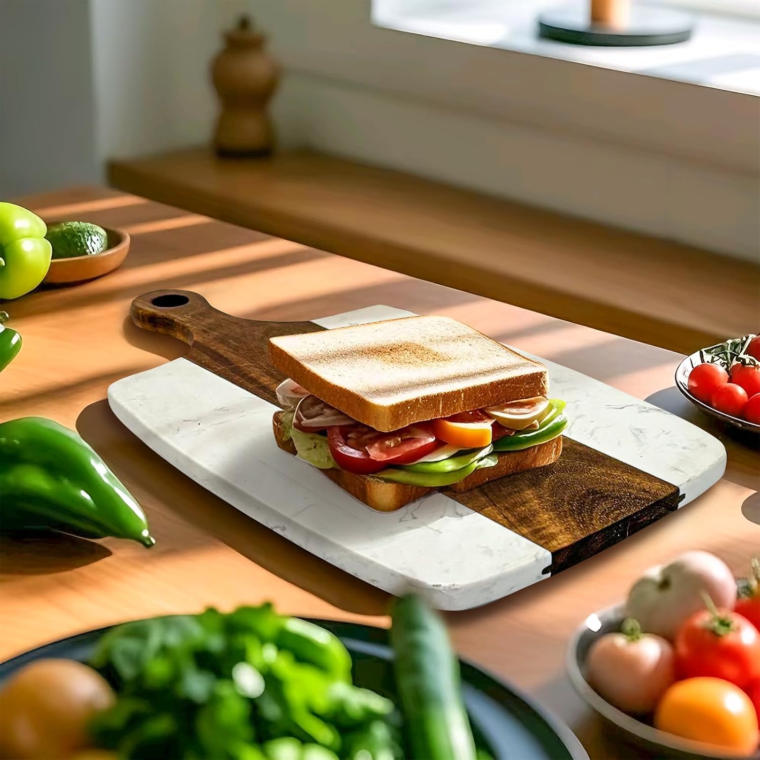 6 Pack Marble and Wood Cutting Board Acacia Wooden Marble Serving Tray with Handle Charcuterie Chopping Board for Laser Engrave, DIY Gift(13.75 Inches x 7.25 Inches)