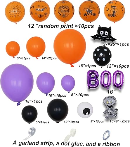 Miniatura 5 de AULE Kit de arco de guirnalda de globos de Halloween de 141 piezas con mini esqueleto bailarín negro con ojos de gato negro, naranja, morado, negro,