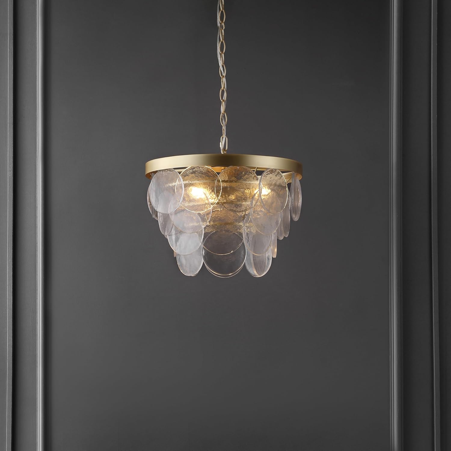 SAFAVIEH Lighting Collection Chrys Glass/Gold 3-Light Adjustable Hanging Adjustable Chandelier Light Fixture (LED Bulbs Included)