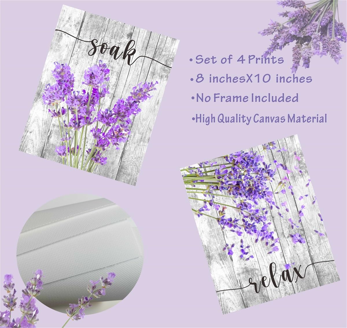 MOSITU Purple Bathroom Wall Art Lavender Art Flower Wall Prints Purple Bathroom Decor Canvas Wall Art Set of 4 Unframed Relax Soak Unwind Breathe Poster for Washroom Decor - Image 2