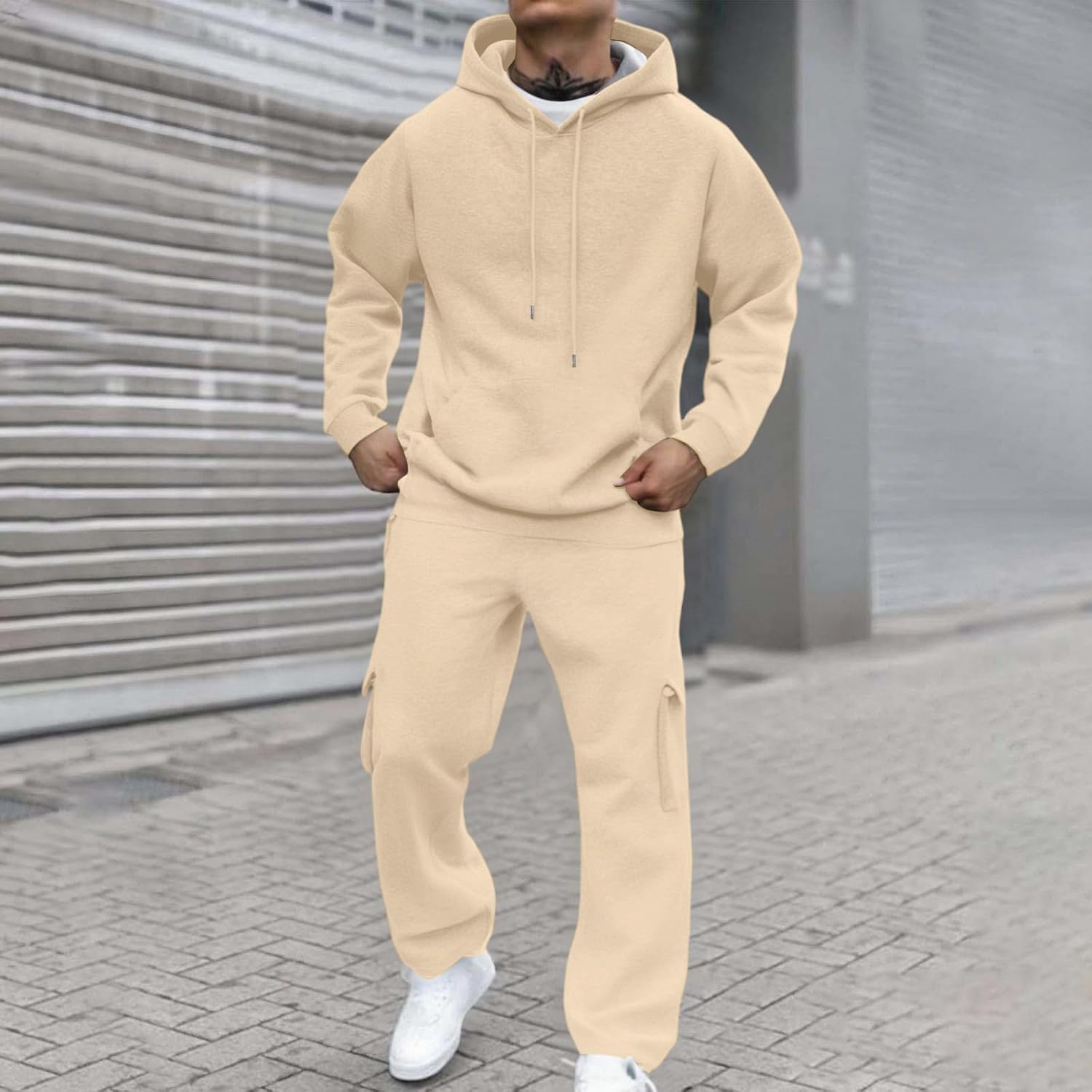 Men's Classic Two Piece Set Fleece Zip Hoodie Jacket Elastic Waist Sweatsuits Cargo Pants Outdoor Sweatpants