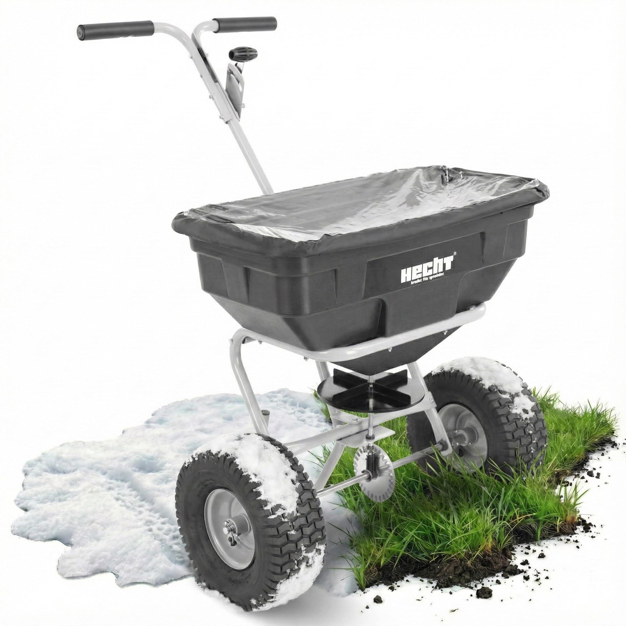 HECHT Ganzjahres Streuwagen 60 L – Düngerstreuer & Salzstreuer | Schleuderstreuwagen mit 3,5 m Streubreite – Rasendüngerstreuer für Sommer, Winter, Garten, Rasen und Gehwege