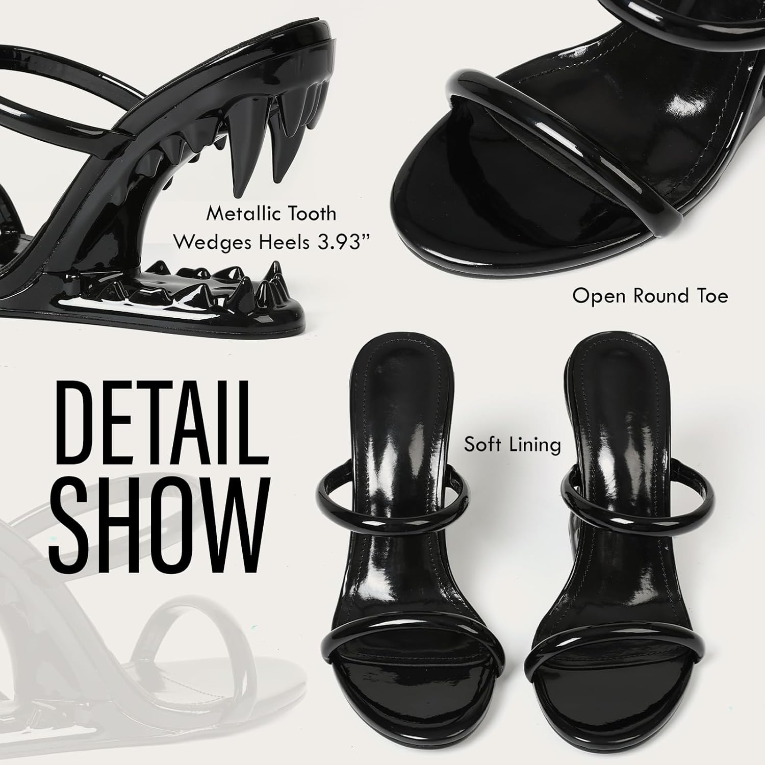 Goiphrri Wedge Sandals for Women Strappy Heels Round Open Toe Heels Metallic Shark Tiger Teeth heeled Sandals Flip Flops Thong Womens Mules Slip on Party Dress Wedding Ceremony - Image 5