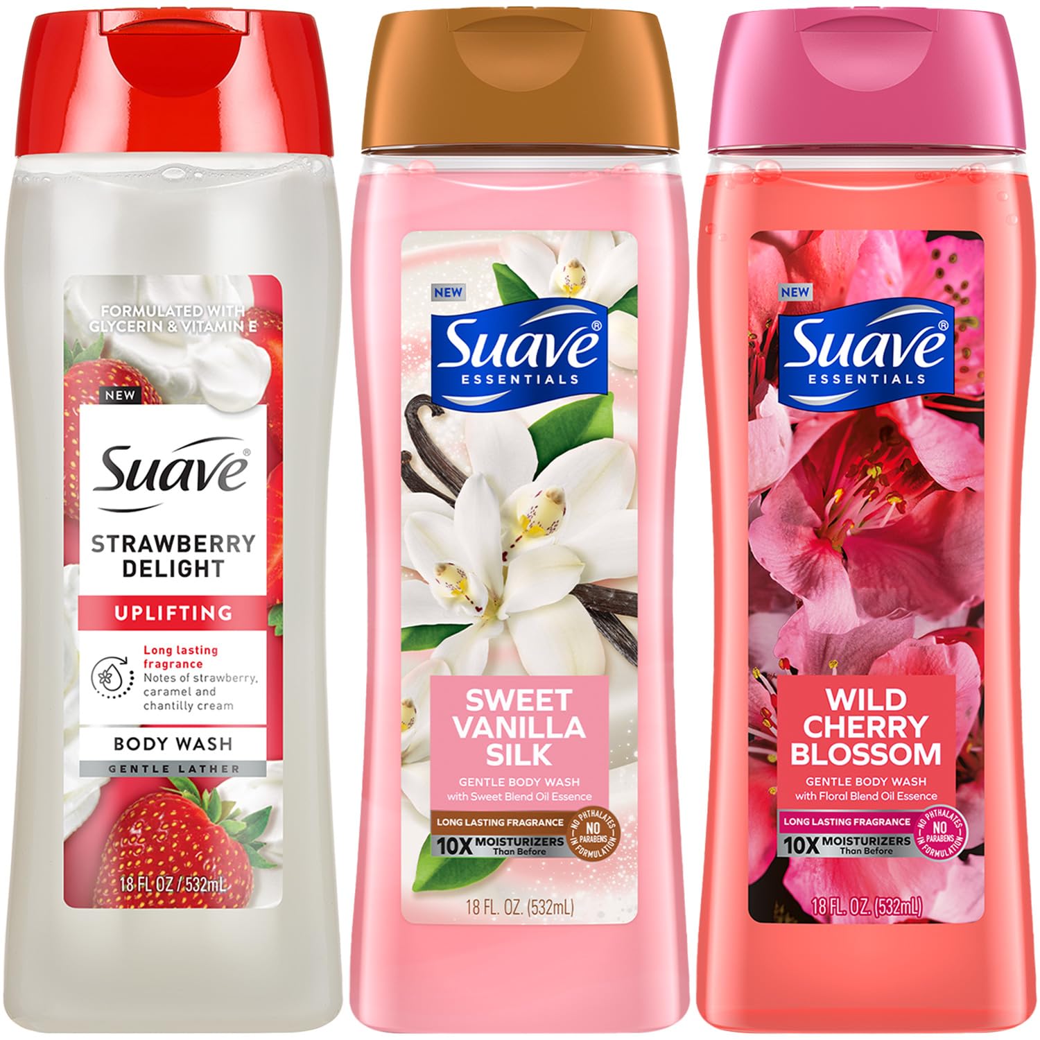 Suave Body Wash Variety 3-Pack – Sweet Vanilla Silk, Strawberry Delight, and Wild Cherry Blossom for Hydrating and Gently Cleansing Skin, 18 Oz Ea