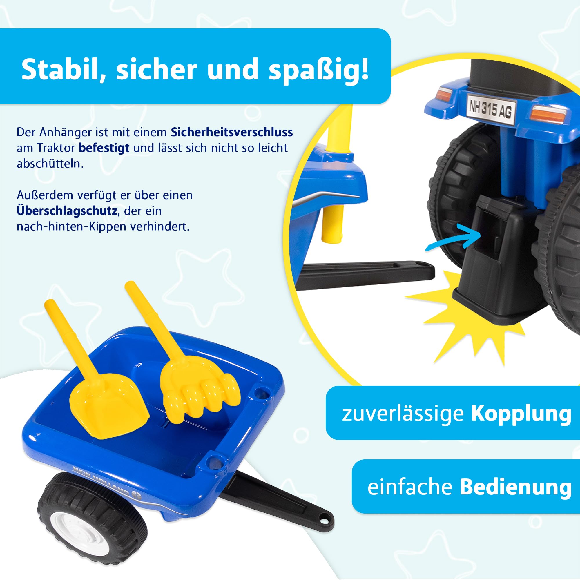 Lemodo Rutschauto Traktor New Holland blau ab 1 Jahr – Kindertraktor mit Anhänger, Schaufel & Rechen, Licht & Sound – Rutschfahrzeug für drinnen & draußen, Lizenziertes Kinderspielzeug, Geschenkidee
