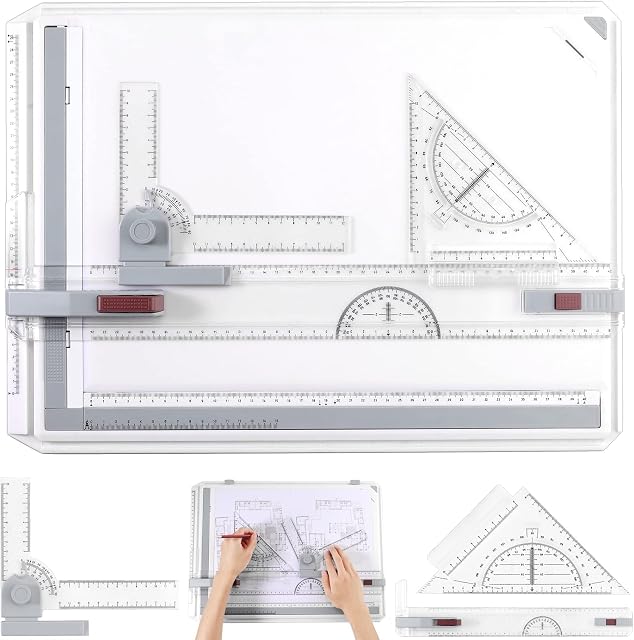 eSynic A3 Drawing Board Set, A3 Multifunction Drafting Table Adjustable Measuring System Angle Parallel Motion Drawing Board with Protractor, Paper Locator, Sliding Ruler, Anti Slip Support Leg