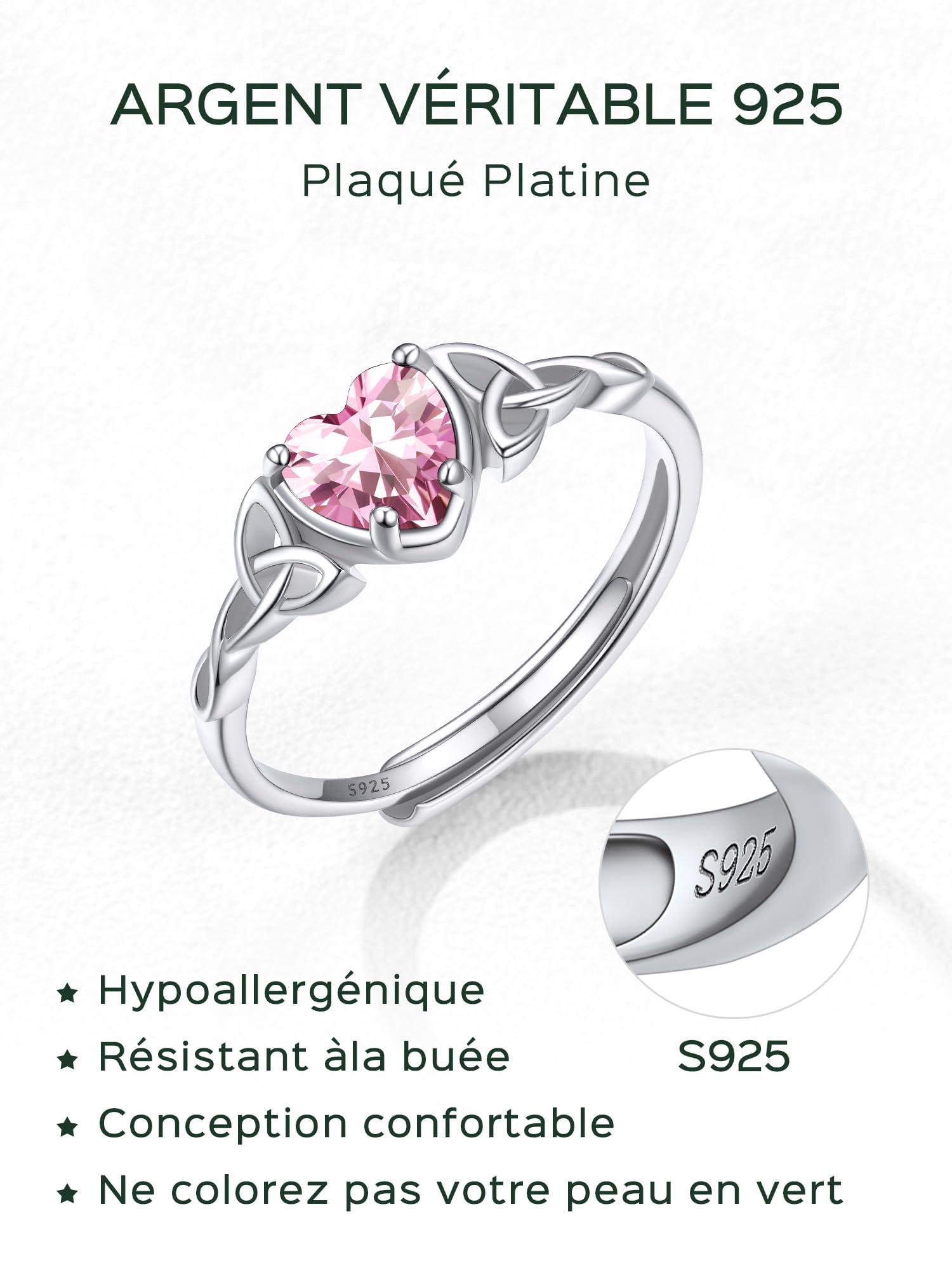 ChicSilver Bague Femme Argent 925 de Taille Réglable, Bague Couple Anneau Fiançailles avec Pierre Coeur et Celtique, Bijoux Brillant Cadeau Femme pour Noël Saint-Valentin Anniversaire