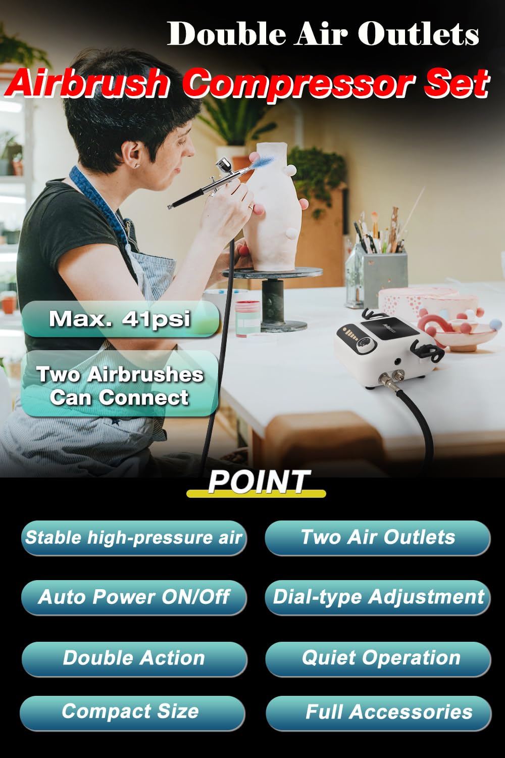 Kit de aerógrafo con compresor, puede conectar dos aerógrafos, 41PSI, encendido y apagado automático, 5 niveles ajustables, doble acción, boquilla de 0.3 mm, compacto, juego de compresor de aerógrafo