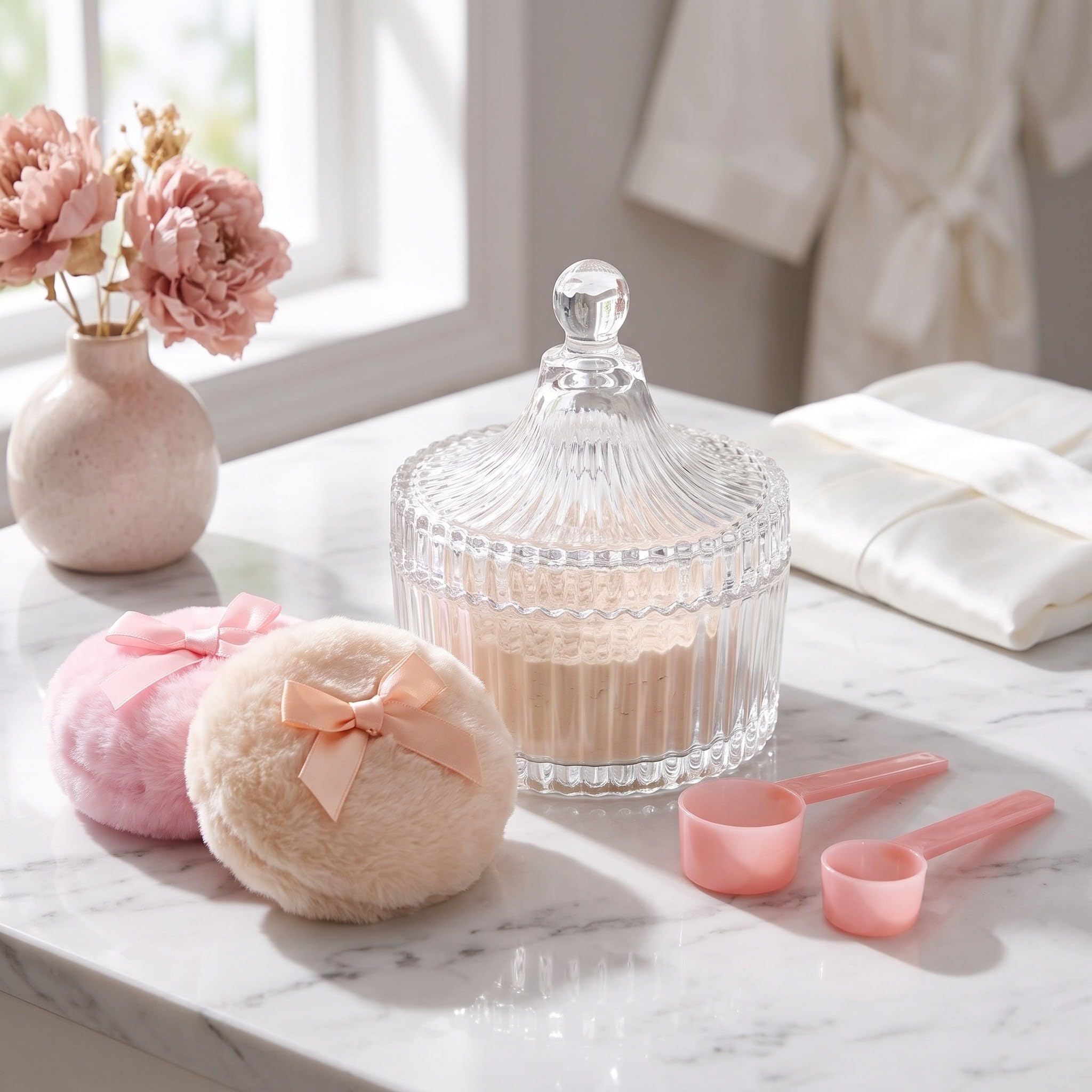 Lurrose 1 set composto da piumino grande per cipria e contenitore con applicatore a paletta, piumino con manico in morbido nastro e barattolo organizer in vetro per un'applicazione delicata sul