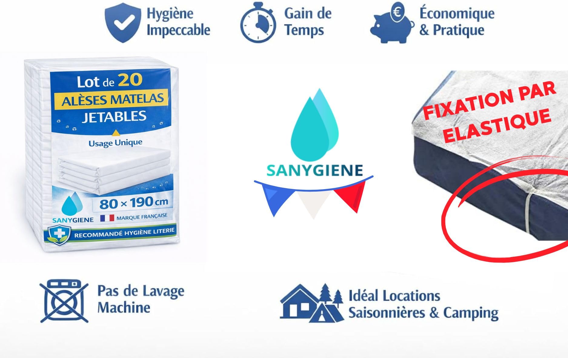 Alèse Matelas Jetable 80 X 190 cm | Lot de 20 Protections Type Plateau Lit 1 Place | Fixation par Elastique | Hygiène Protection Literie | Tourisme et Médical