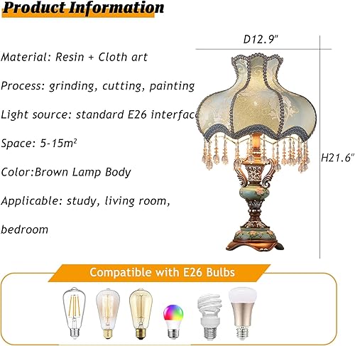 Miniatura 7 de Tiffany - Lámparas de mesa europeas estilo victoriano, estilo americano, retro, hecha a mano, tela hecha a mano, con lámpara de resina, lámpara de
