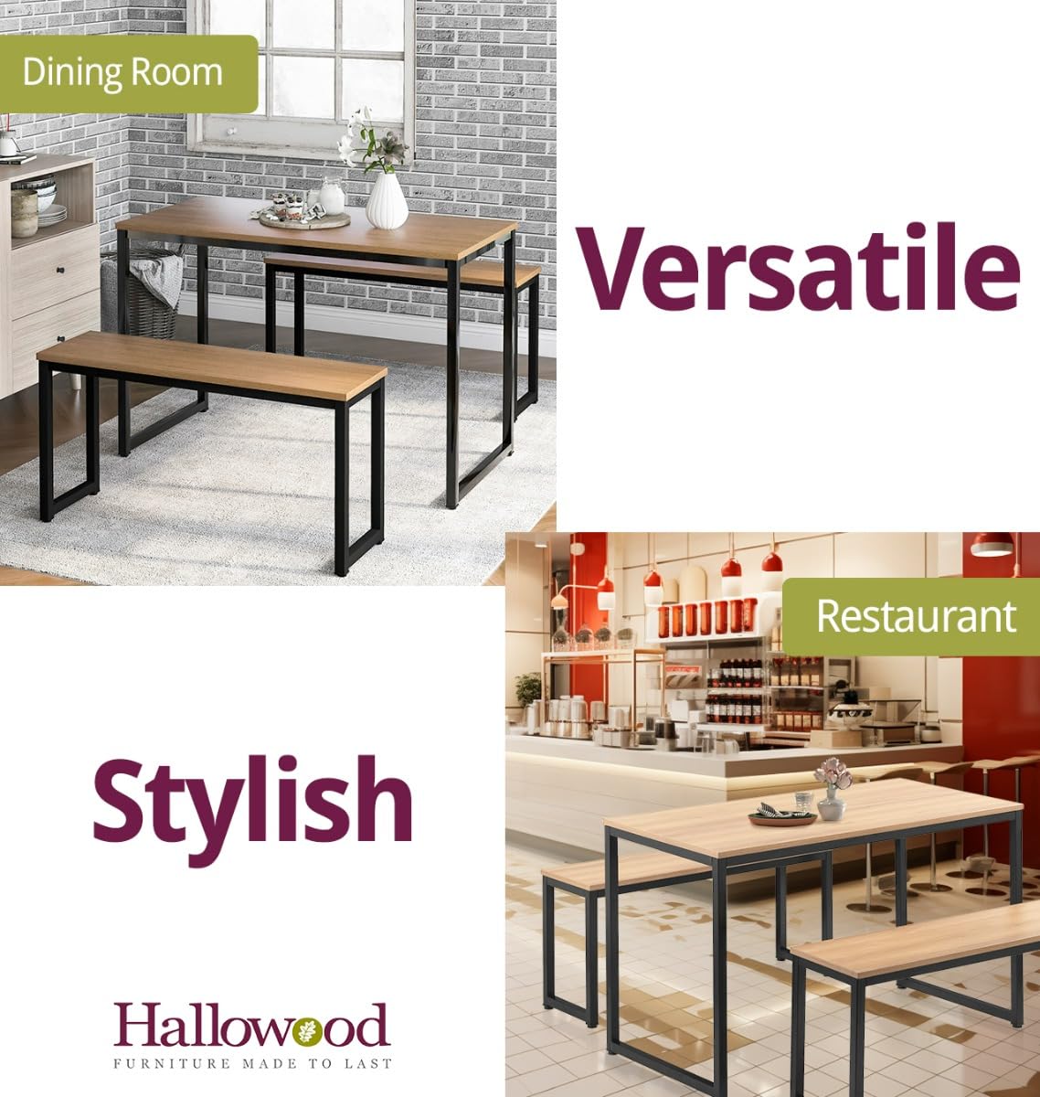 4-Delige Keukentafel en Stoelenset Industriële Tafelset met 2 Stoelen en 1 Bank Metalen Frame en Opbergrek Grijs - Costway