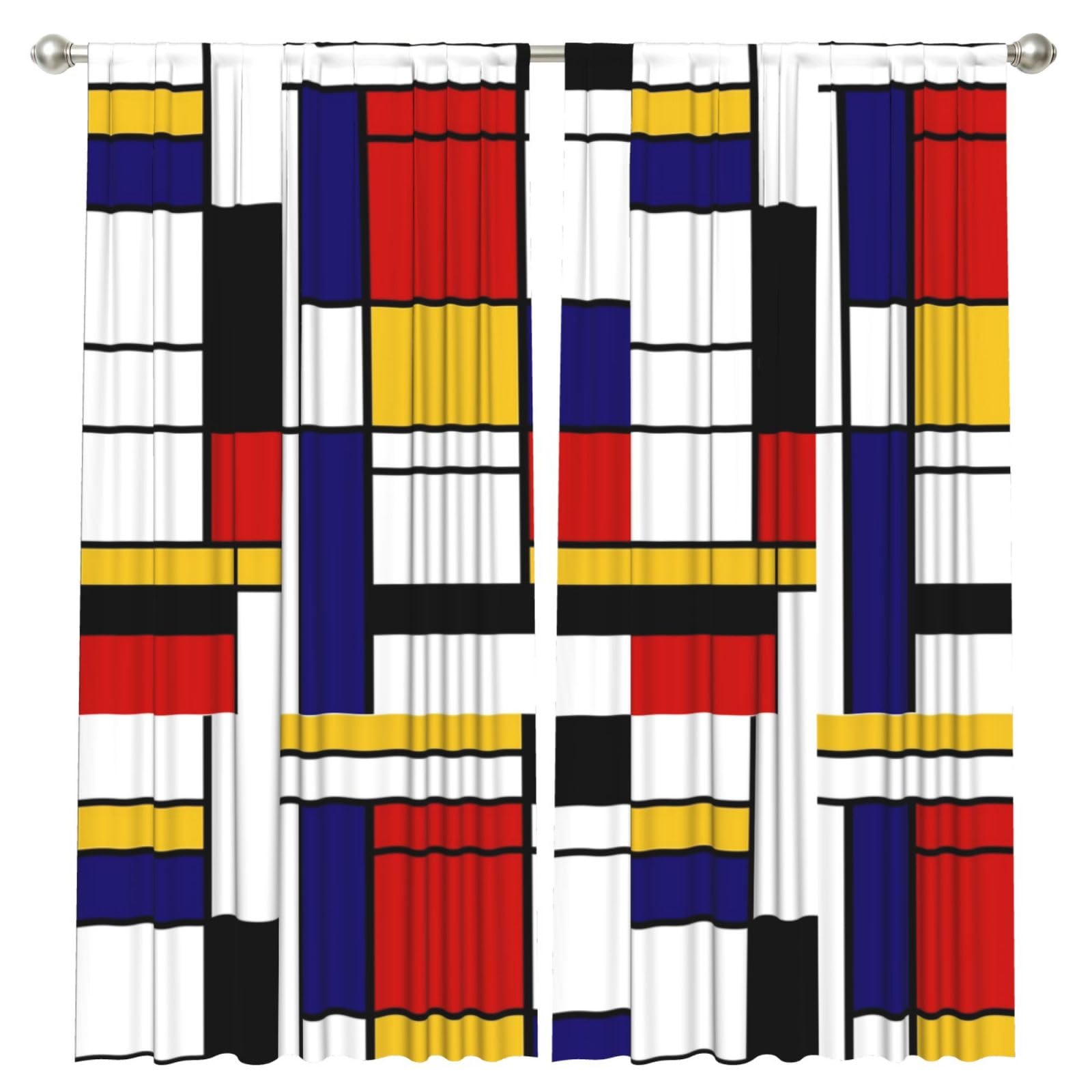 InOmak Artistic Mondrian Style Color Composition Red, 2 Panels Window Curtains 52 x 84 Inch Blackout Curtains for Living Room Bedroom