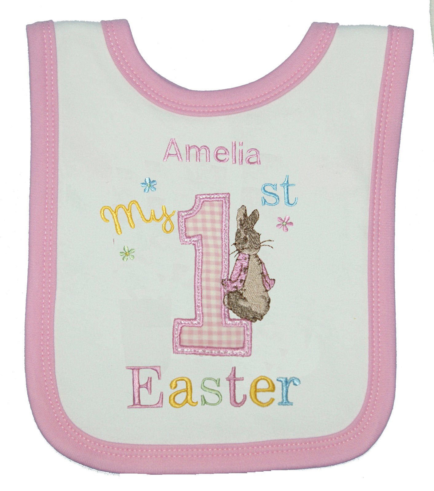 Sew Sew Special Girls White - Pink Trim ’S Personalised 1St Peter The Rabbit Easter Bib. (White - Pink Trim)
