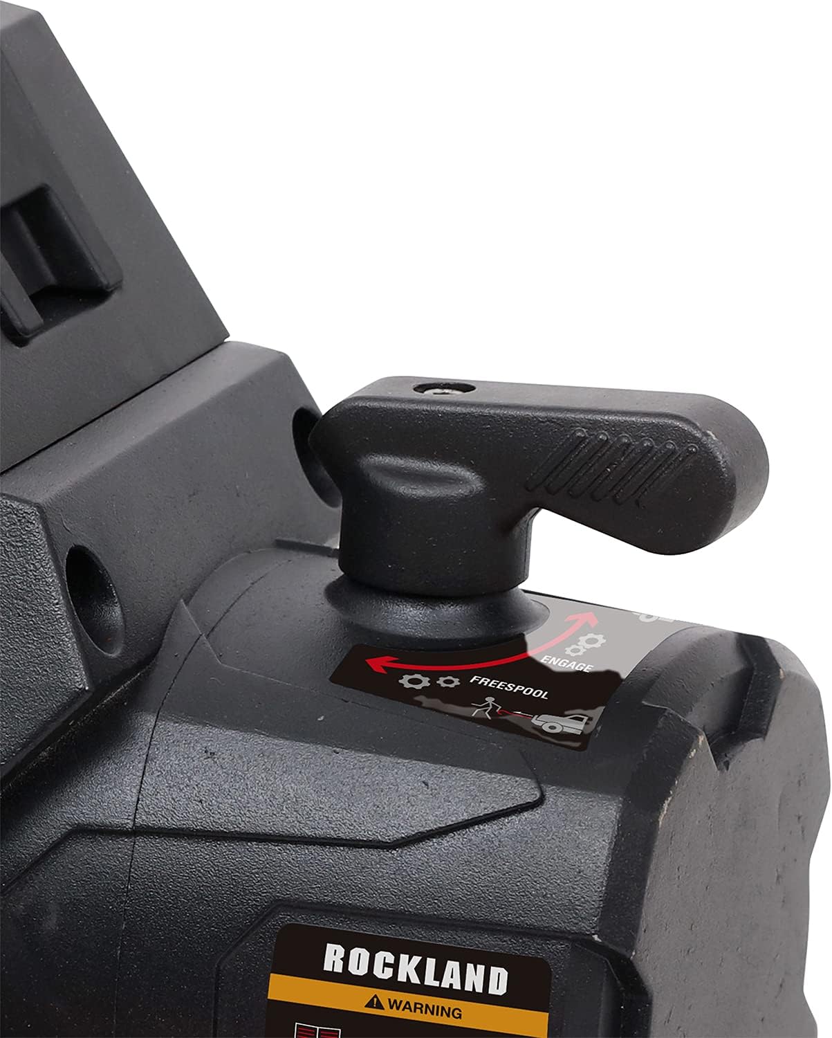Close-up of the Rockland winch clutch lever showing Engage and Free Spool positions