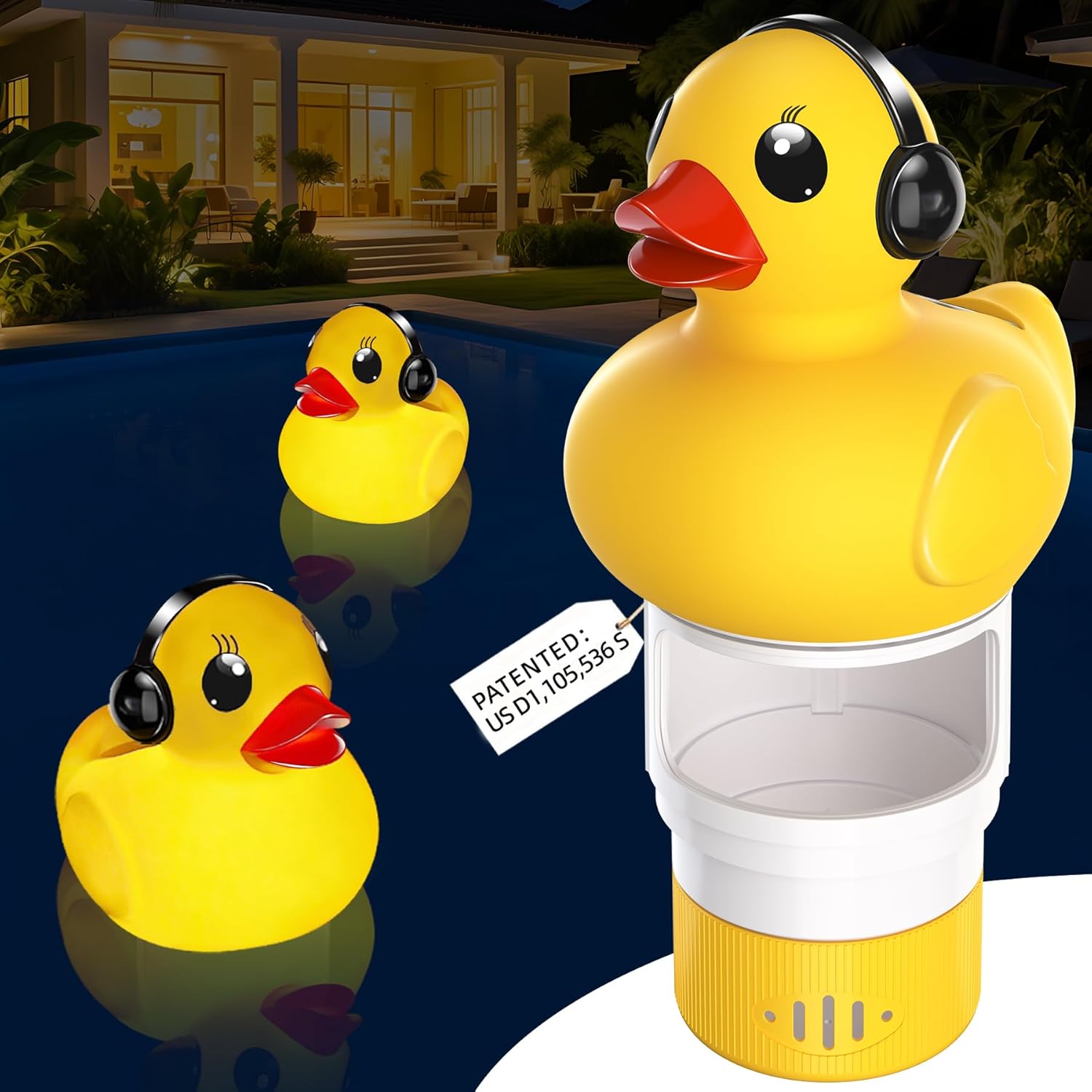 KingSom 2025 Upgraded Pool Chlorine Floater, Duck chlorine Floaters with Light, Solar Chlorine Floaters w/Adjustable Flow, Large Capacity Floating chlorines Dispenser for Pools,pool Chlorinator,Yellow