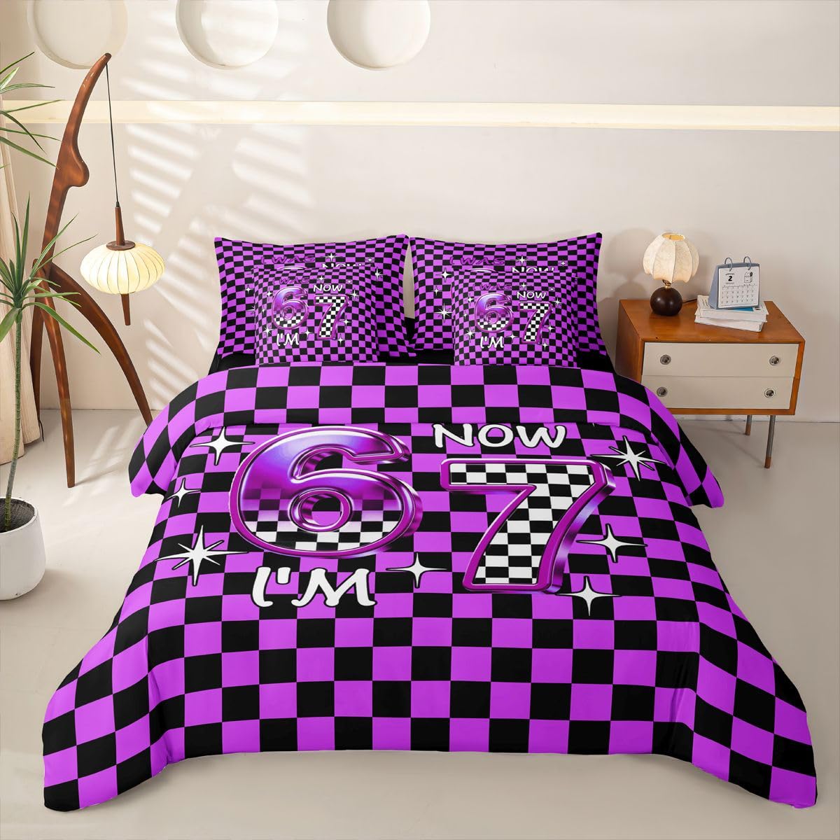 Loussiesd Sześć siedem 6/7 poszewka na kołdrę z prześcieradłami 7 sztuk super king size 6 7 czarna fioletowa kratka łóżko w torbie dzieci chłopcy dziewczęta 6 7 urodziny dekoracje zestaw pościeli