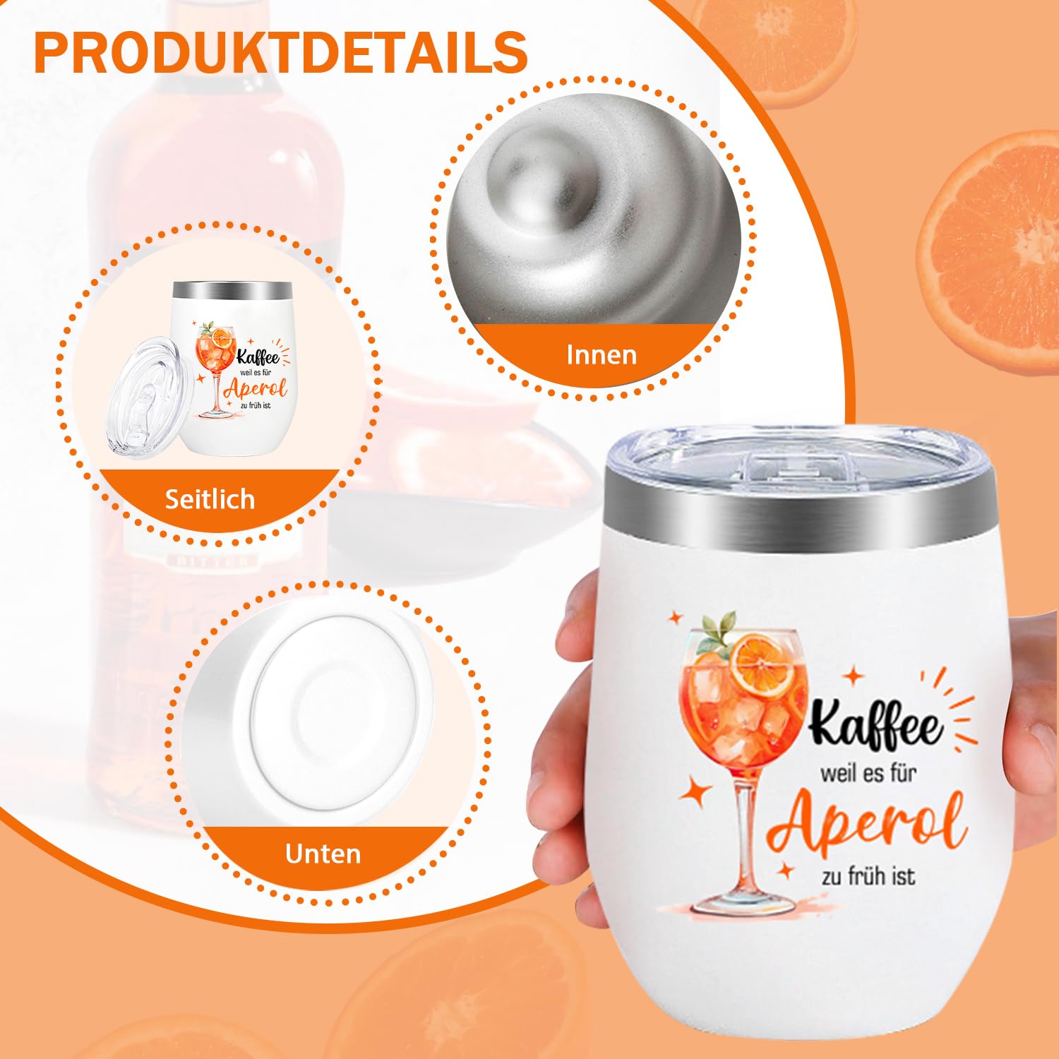 Aperol kubek do wina, stal nierdzewna, 350 ml, owalny, wielokrotnego użytku, podwójne ścianki z izolacją próżniową, dla miłośników aperilu, na imprezę, do baru, kuchni, podróży, prezent dla