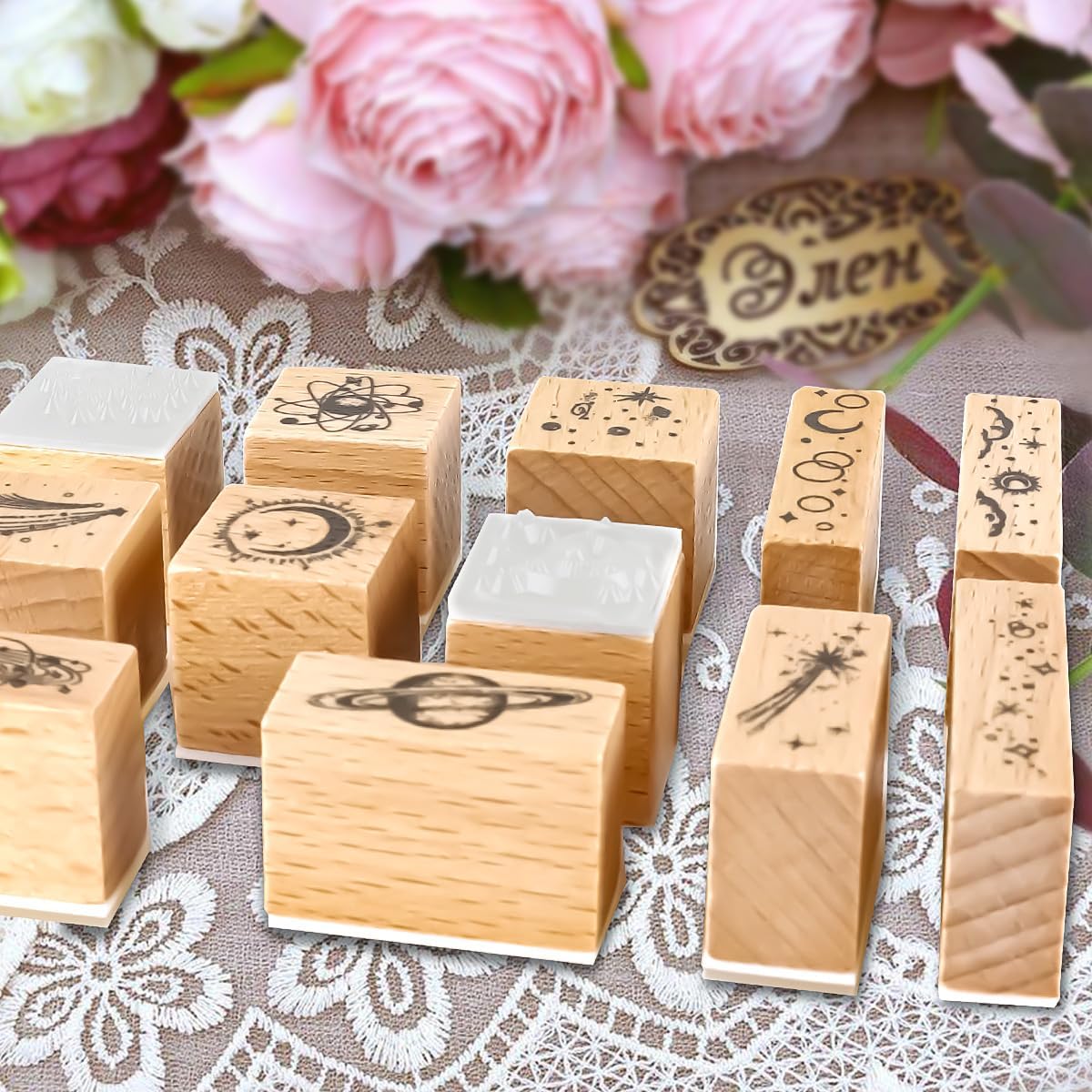 Wooden Plant Patterns Rubber Stamp - Starry Decorative Wooden Rubber Stamp Set for DIY Craft Card Scrapbooking Hand Book, Planner, Scrapbooking, 12Pcs (Starry Universe)
