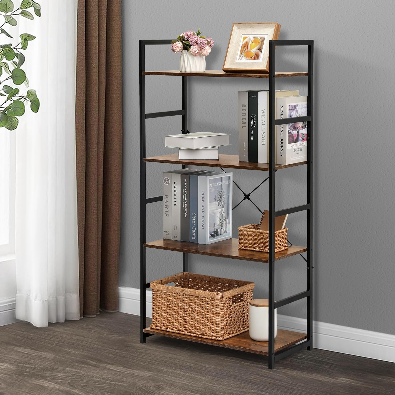 MoNiBloom 4-Tier Bookshelf, Industrial Bookcase w/Metal Frame Open Back Storage Display Shelves for Living Room Study Room, Rustic Brown