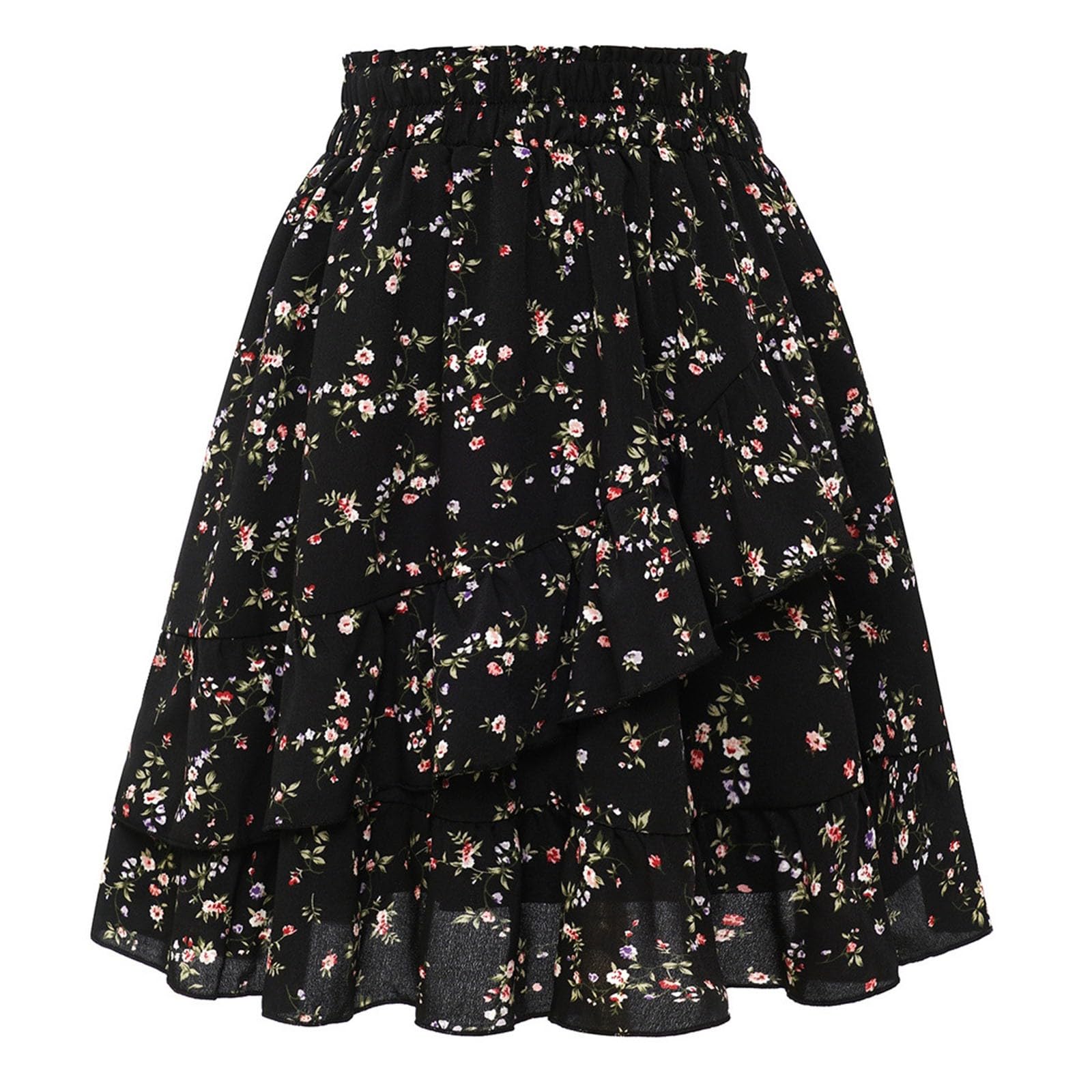 Jupe Boheme Femme Taille Élastique- Jupe Ete Imprimé Florale Évasé Volants Superposés Trapèze Chic Et Elegant Décontracté D'été Fluide Léger Comfortable Tous Les Jours De Plage Skirt
