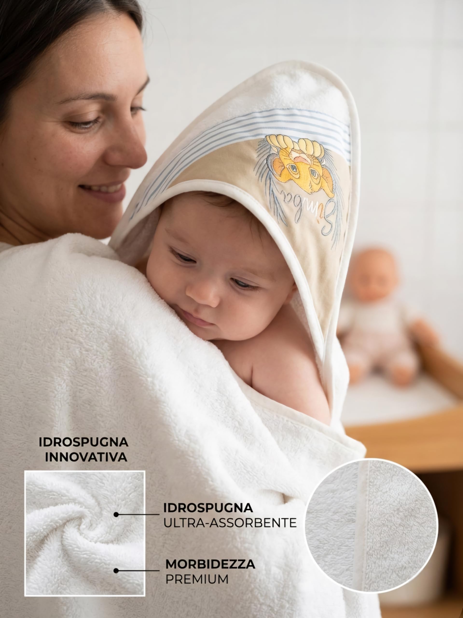 Ellepi Accappatoio Neonato Disney Baby Triangolo 75x75 cm – Idrospugna Innovativa Ultra Assorbente e Morbidissima – Telo Bagno Neonato con Cappuccio Simba e Milù (Simba)