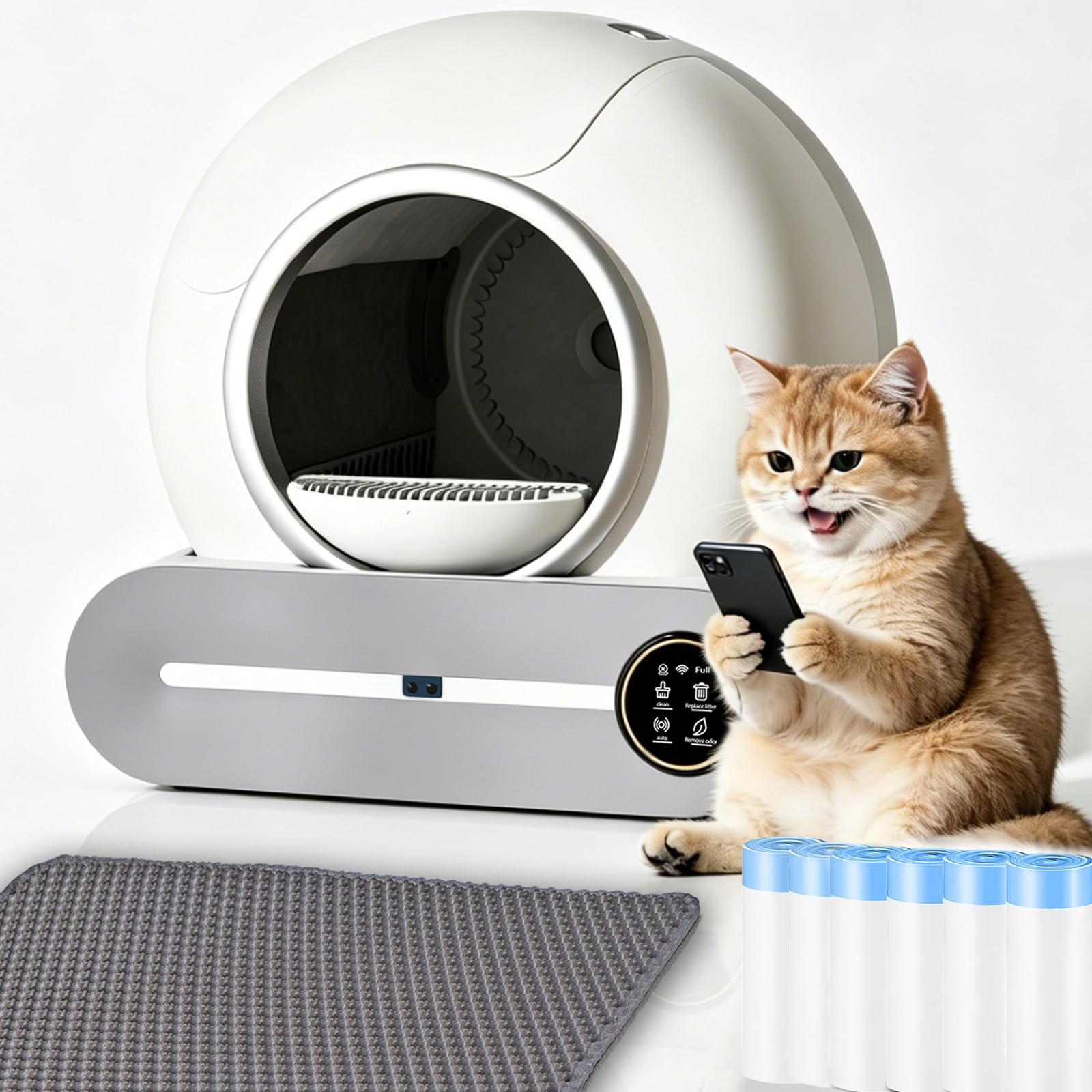 Lettiere Autopulenti Gatti 74L con 2 Filtri e 6 Rotoli Sacchetti | Deodorante Ionico, Smart Health Monitor, Comando APP con tappetino Adatte Alle Famiglie con Più Gatti