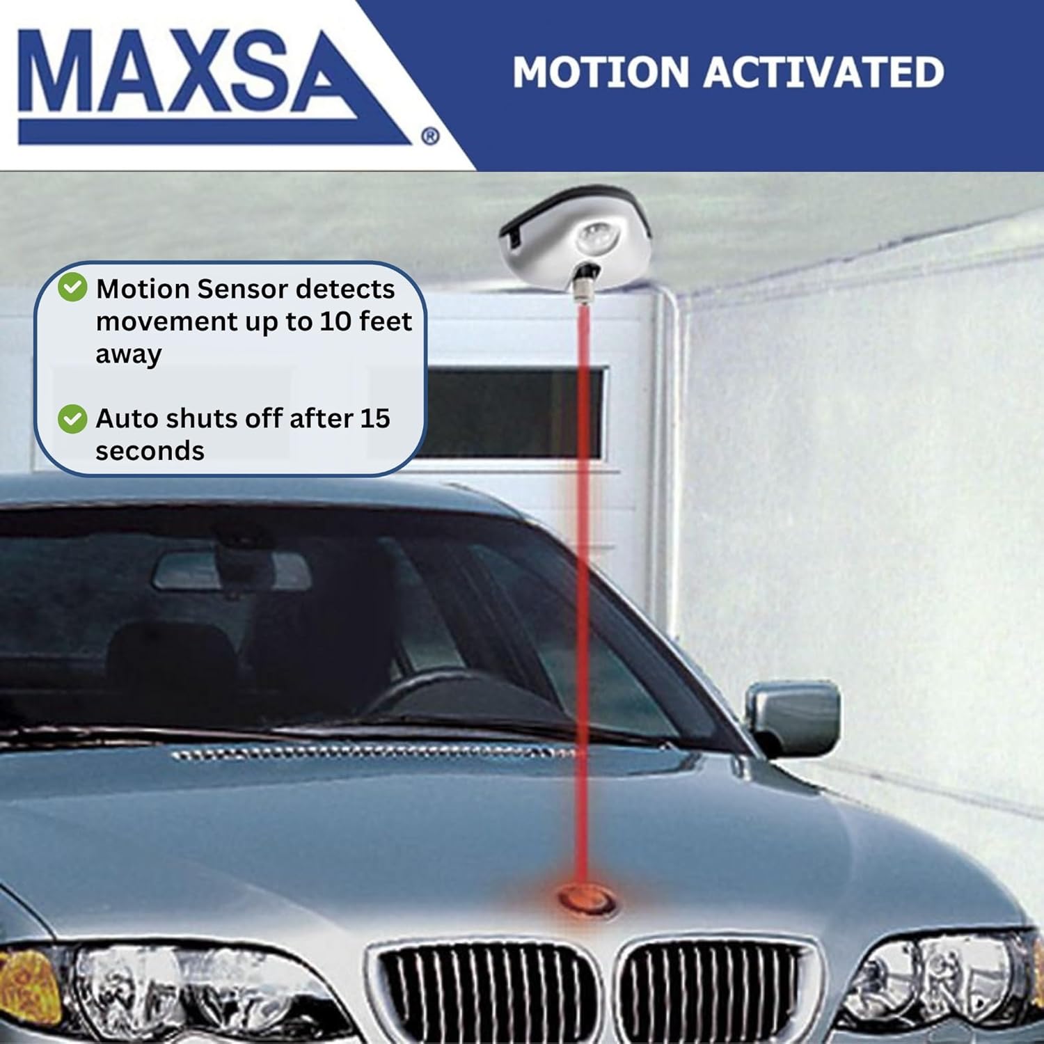 Maxsa 37310 Park Right Single Laser Parking Guide for One-Car Garage, Adjustable Laser, Motion Activated, AC Adapter & Battery Backup, Universal Car and SUV Parking Guide, Silver