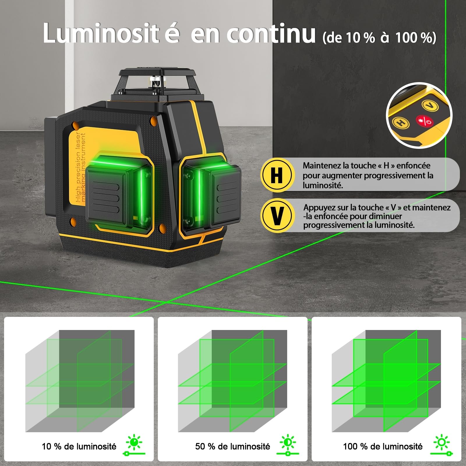 Niveau Laser Chantier Autonivelant 3x360°(jusqu'à 37 h), Niveau Laser Professionnel 3D 12 Fils, Lazer Niveaux 360 Autonivelant, Luminosité Réglable, Télécommande, Batterie Rechargeable