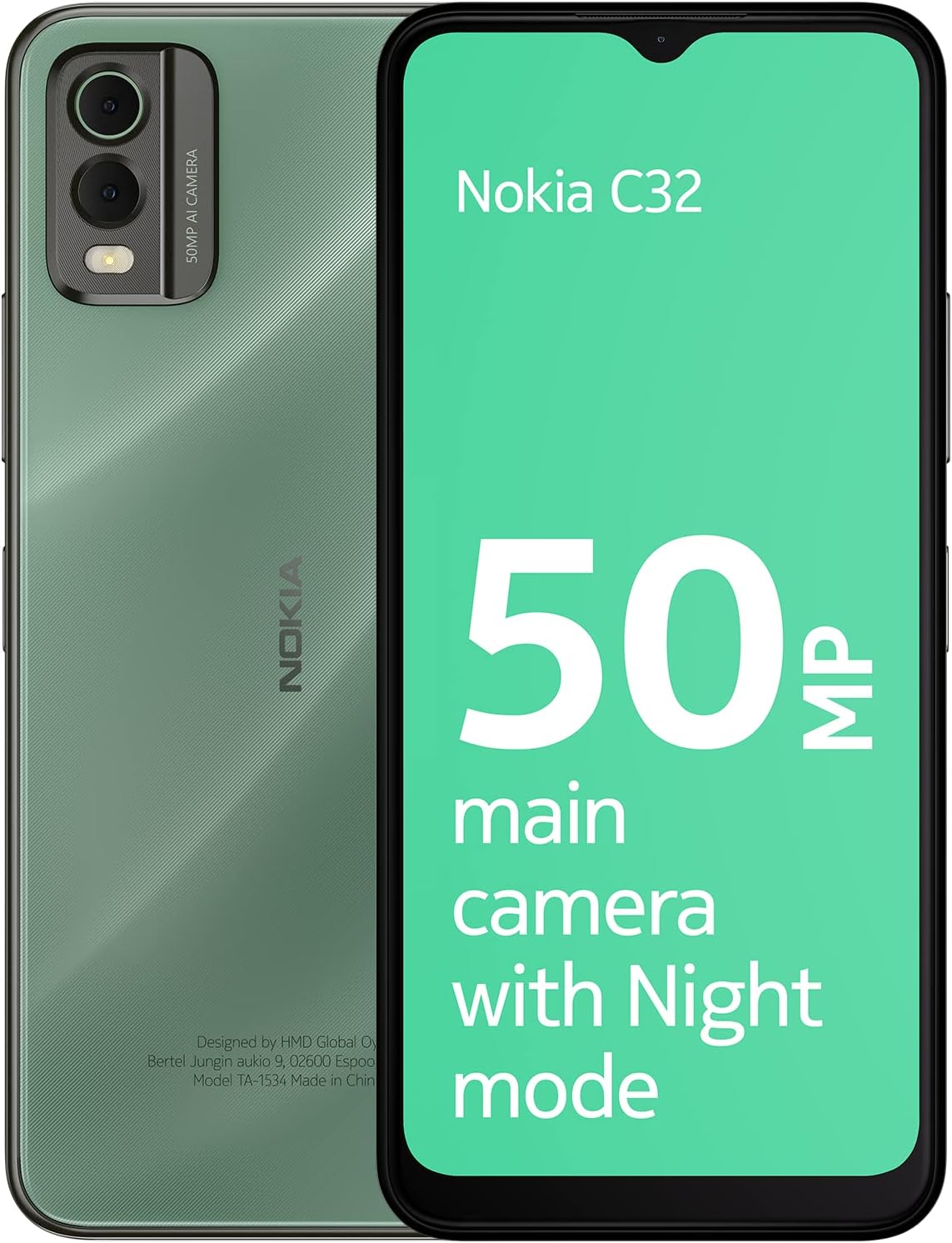 Nokia C32 6.5” HD+ Smartphone with 4GB RAM/64GB ROM, 50MP/8MP cameras, 5000 mAh 3-day Battery Life, Toughened Glass back, IP52 Rating, Android 13, Dual SIM - Green