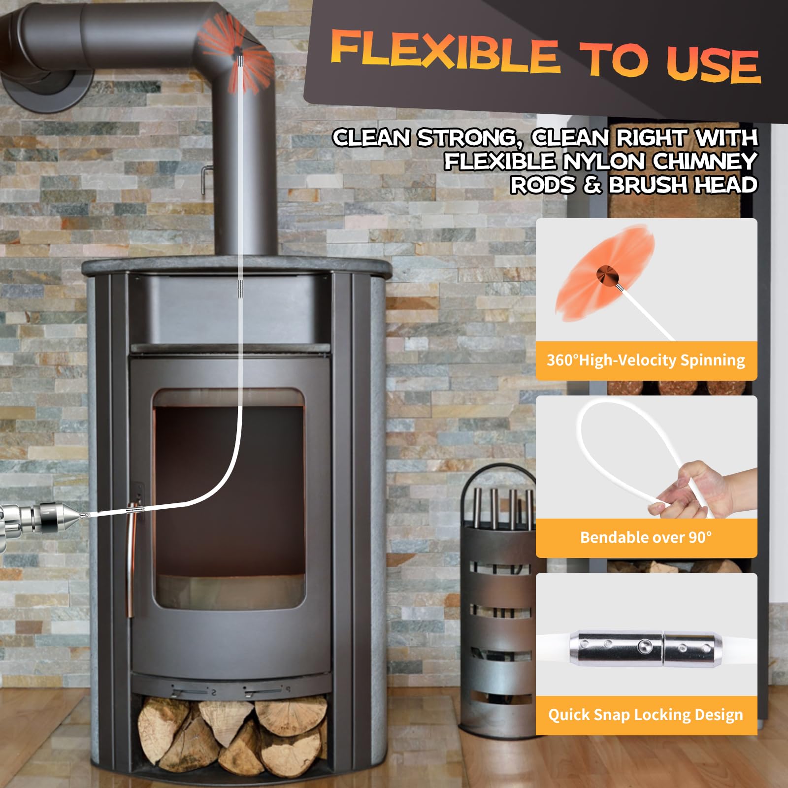 Kit de barrido de chimenea de 46 pies, kit de limpieza de chimenea con 14 varillas de chimenea blancas flexibles