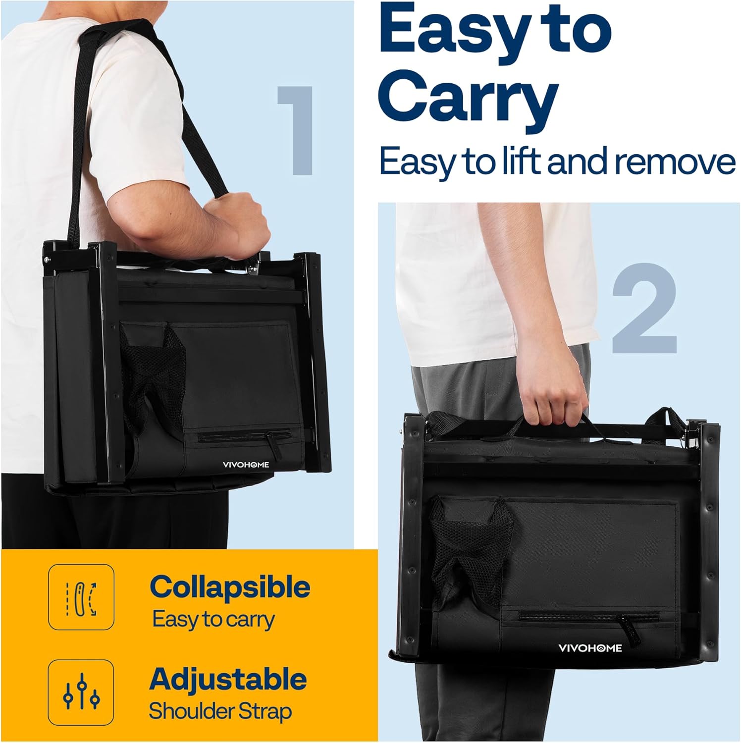 Two images showing a person carrying the folded stadium seat using the shoulder strap and by hand.
