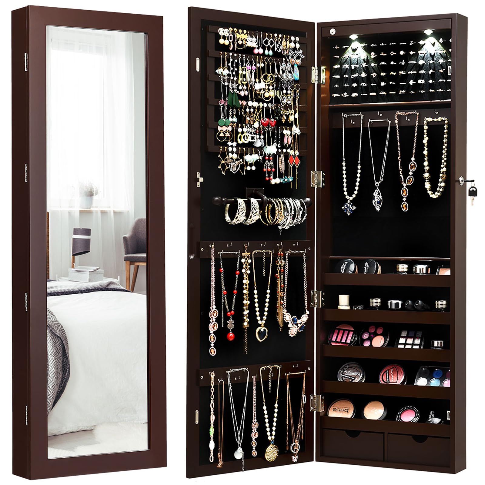 COSTWAY Armadio per Gioielli con 2 luci LED, con Specchio a Figura, Organizer Montato al Muro con Ganci Regolabili per Appendere, Armadio Portagioie per Truccarsi (Marrone)