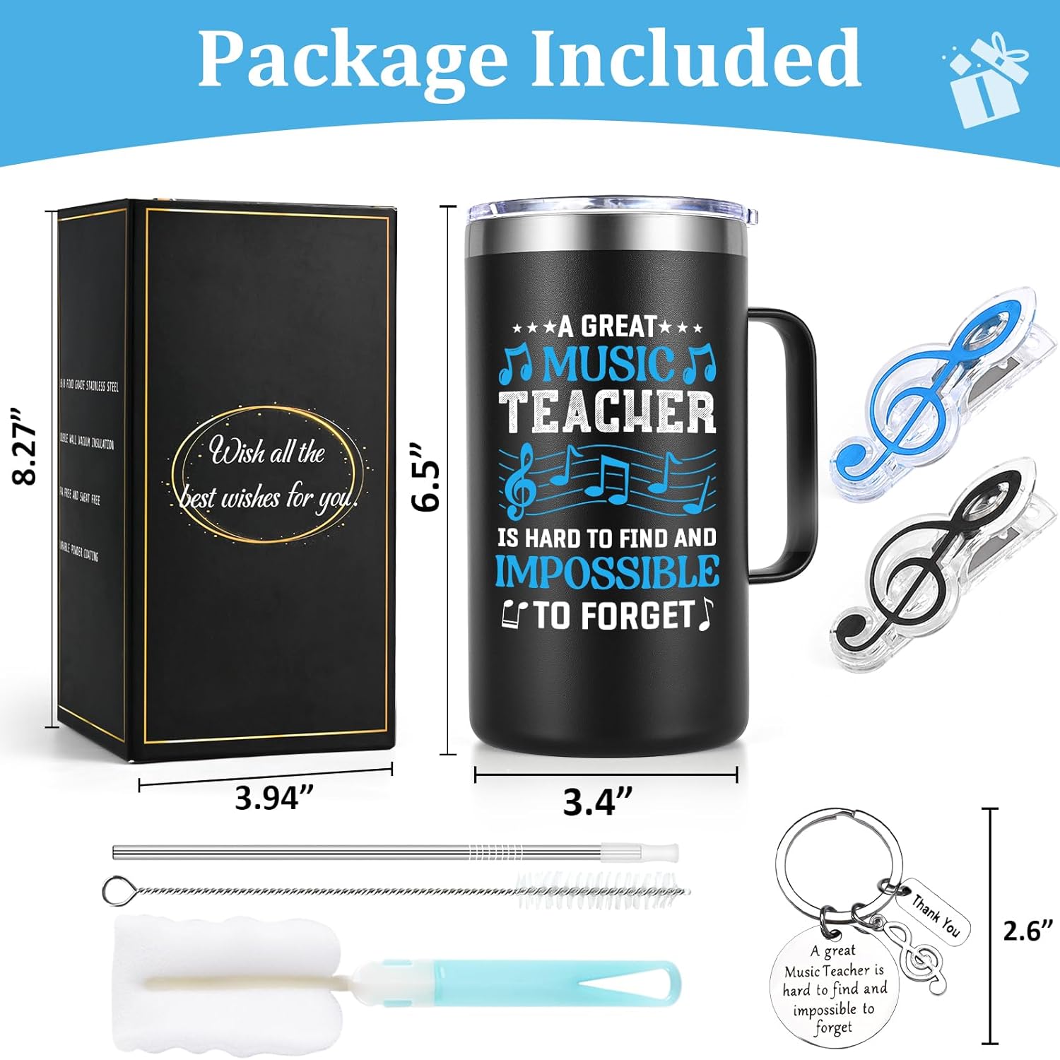 Lifecapido Music Teacher Gifts, 20oz Coffee Mug with Keychain Musical Note Clip, Birthday Christmas Music Teacher Appreciation Gifts for Men, Black - Image 7
