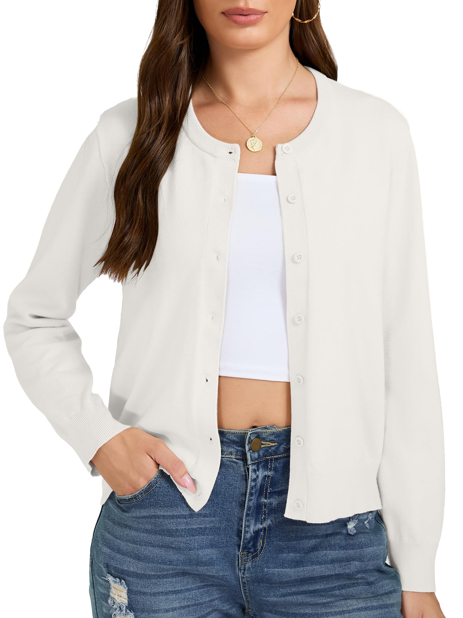 TAKEYAL Strickjacke Damen, Cardigan mit Rundhals Knöpfen Alljahrespullover | Strickjacken für Damen, klassische, Strickpullover, Casual, ganzjährig tragbar, weich, atmungsaktiv, Arbeit, Alltag