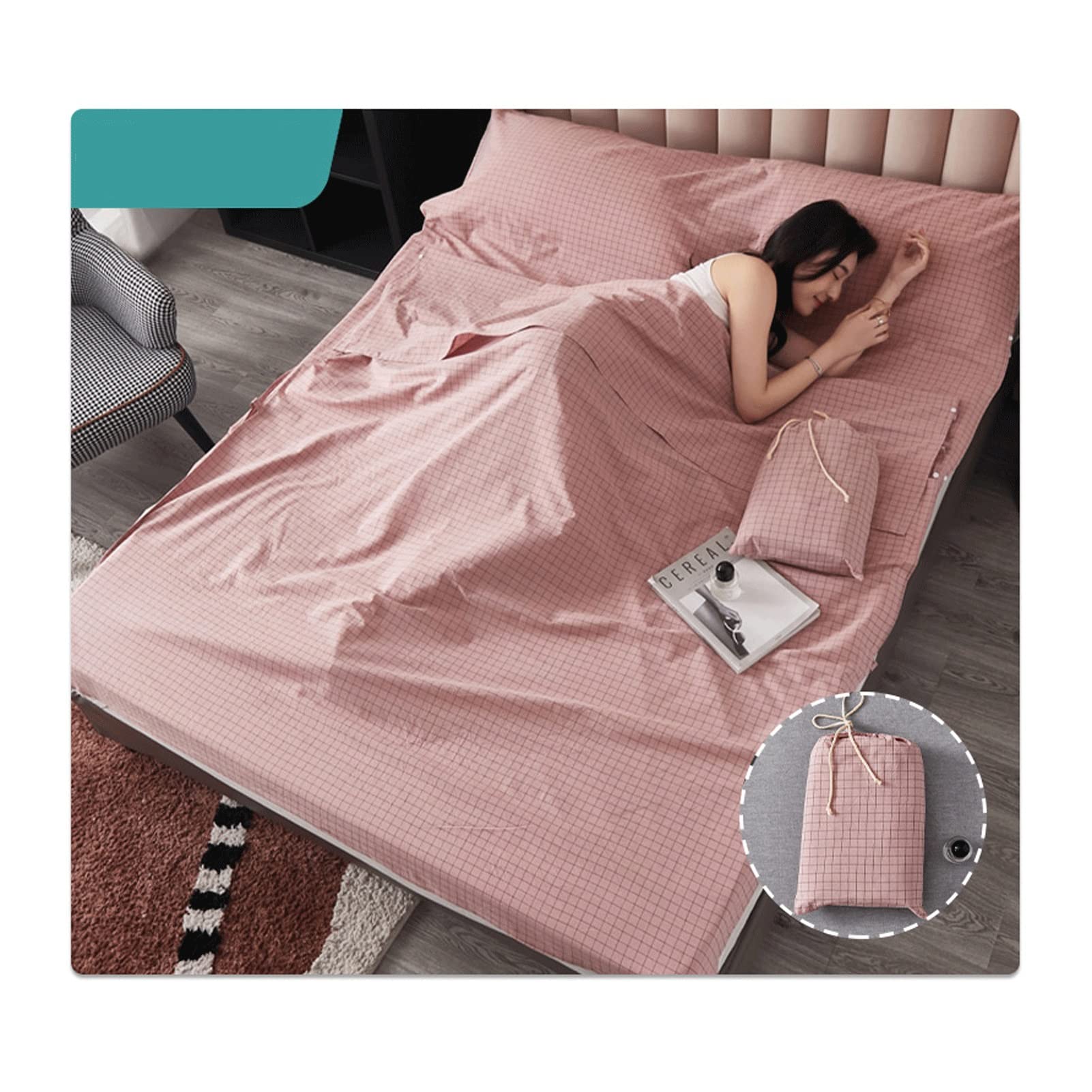 RUZGAR Sacco a Pelo Matrimoniale Sacchi a Pelo Estivi Sacco a Pelo Leggero e Compatto in 100% Cotone Motivo a Righe a Quadri Sacco Nanna for Viaggi in Hotel (Color : Pink A, Size : 120x210cm-47x82)