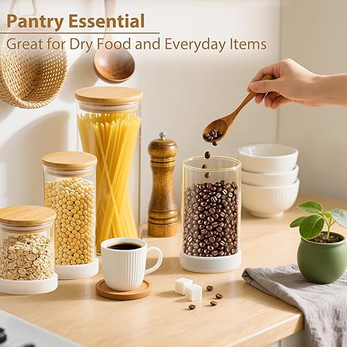 Miniatura 4 de Contenedores de almacenamiento de vidrio con tapas de bambú, paquete de 7 tarros herméticos de vidrio transparente en tamaños mixtos (17 onzas, 25