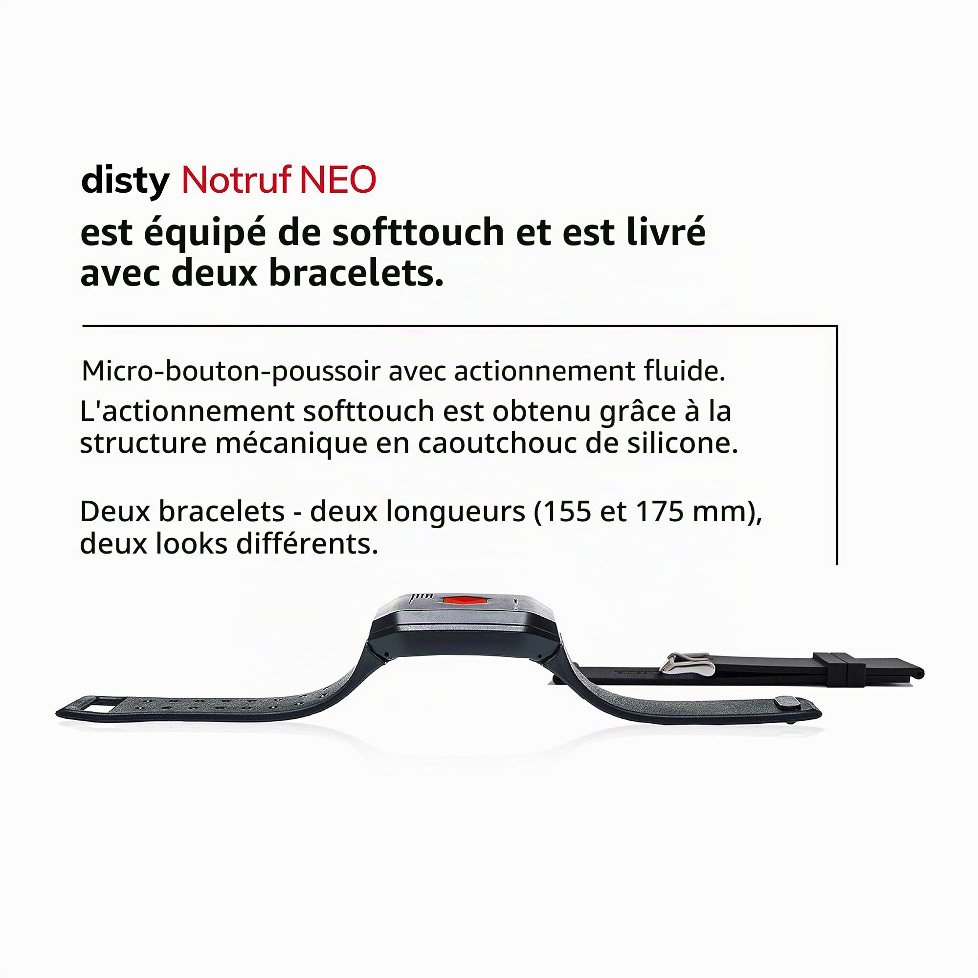 distyNotruf Neo Bracelet d’Urgence Mobile Bracelet d’Appel d’Urgence téléphone pour Seniors Bouton d’Appel d’Urgence pour Personnes âgées Bouton SOS Bouton d’Urgence avec Clip et Pendentif