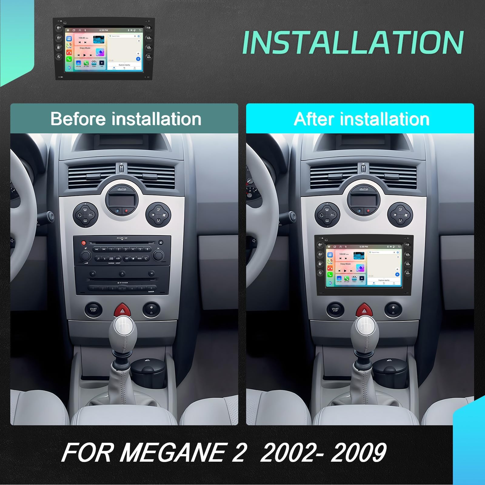 CAMECHO 4+64 GB Android 15 Radio samochodowe z CarPlay do Renault Mégane II (2002–2009) Double DIN 7″ ekran dotykowy GPS Bluetooth MirrorLink WiFi FM/RDS USB sterowanie kierownicą