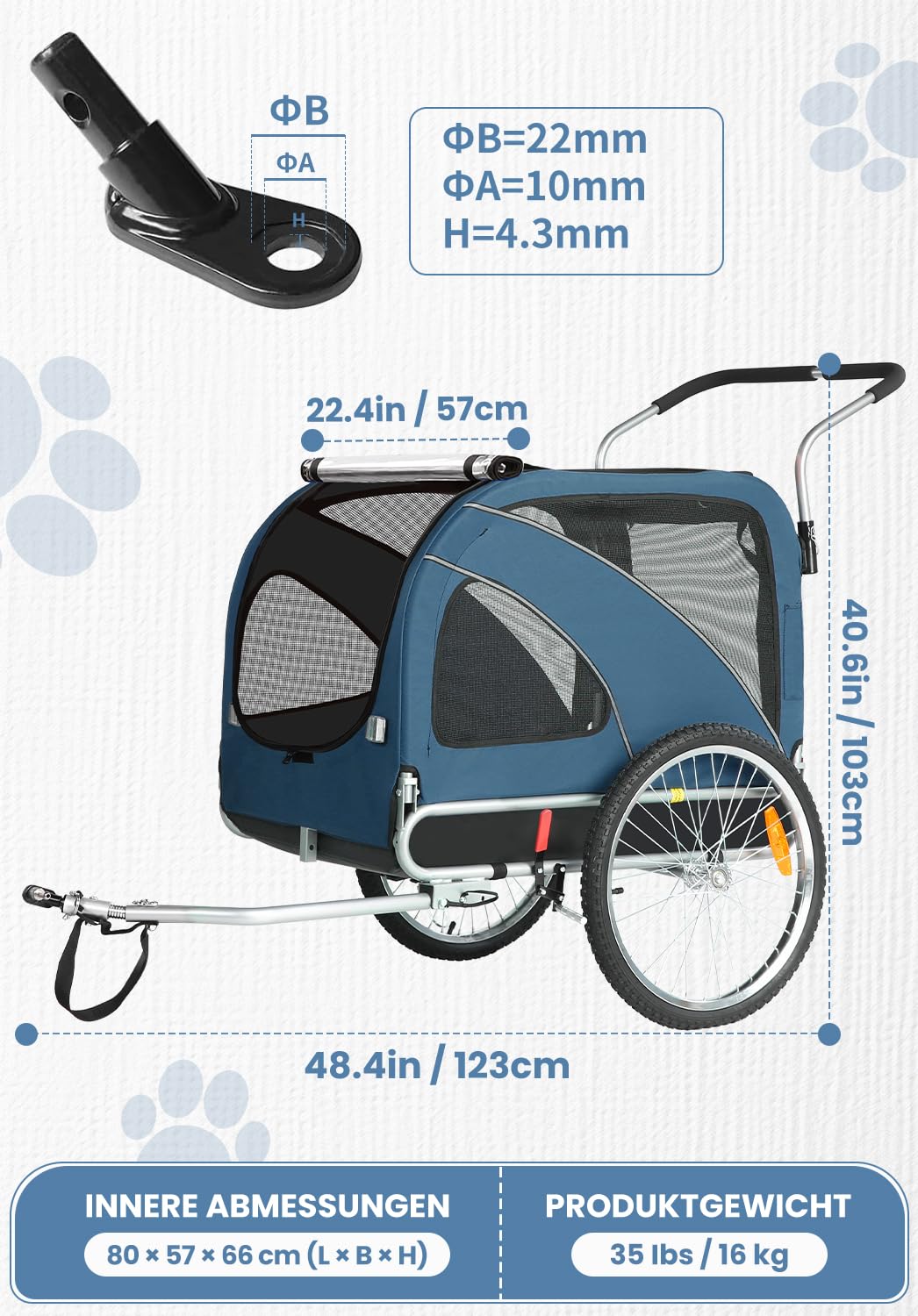 Hunde Fahrradanhänger XL, 2 in 1 Hundeanhänger & Jogger mit Reflektor und Bremse, 600D Oxford Canvas, maximale Belastung 40kg-Blau