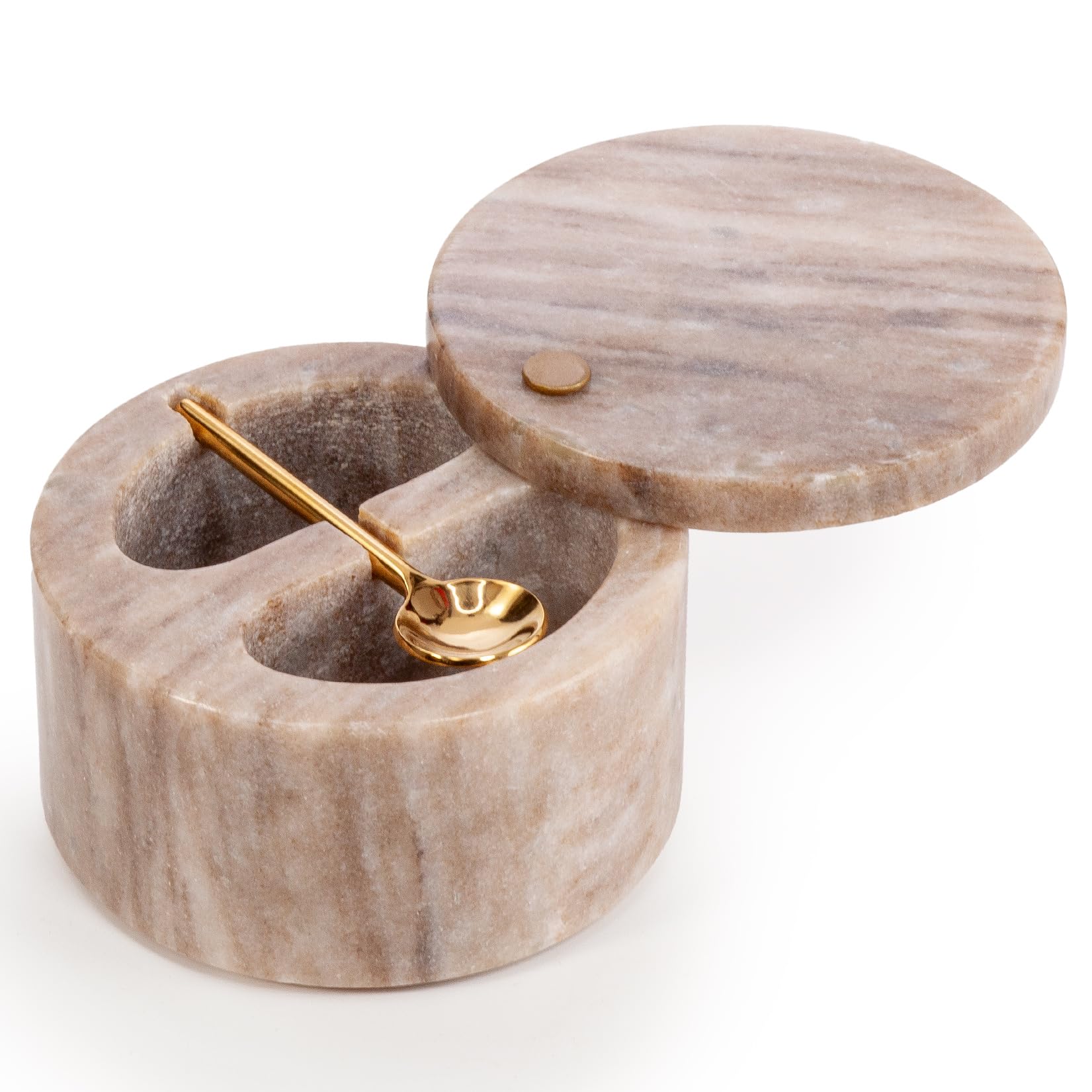EHC Salt & Pepper Holder, Spice & Herbs Container, Marble Pinch Pot with Swivel Magnetic Lid and Serving Spoon, Salt Celler for Dining Table, Spice Storage Bowl with Compartment, Spice Bath, Beige — image 1